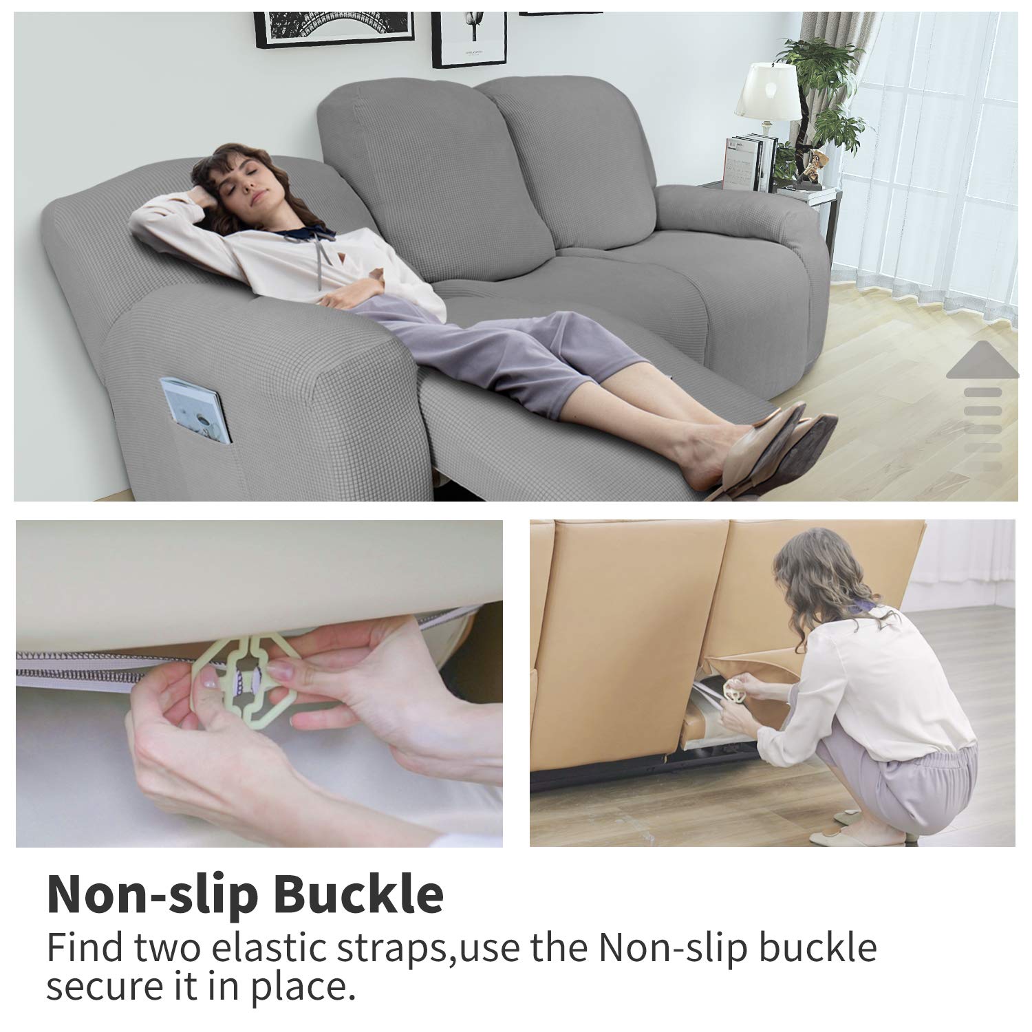 8-Piece Stretch Recliner Sofa Slipcover Set - Soft Spandex Jacquard Fabric with Elastic Bottom - Light Gray Checkered Pattern - Furniture Protector for Kids & Pets - Perfect for Living Room, Family Room, and Home Theater Use