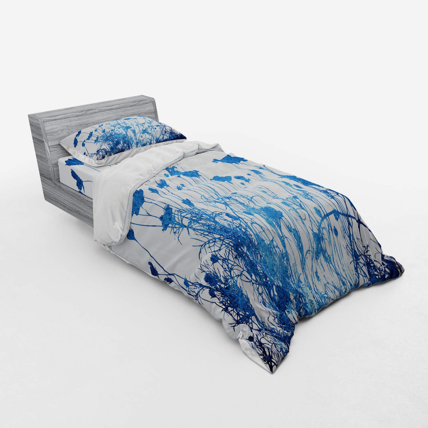 Ambesonne Abstract Duvet Cover Set - Summer Wildflowers & Garden Foliage Design, 3 Piece Bedding Set with Pillow Sham & Fitted Sheet, Twin Size, Blue & White - Perfect for Modern Bedrooms, Guest Rooms & Dorm Decor