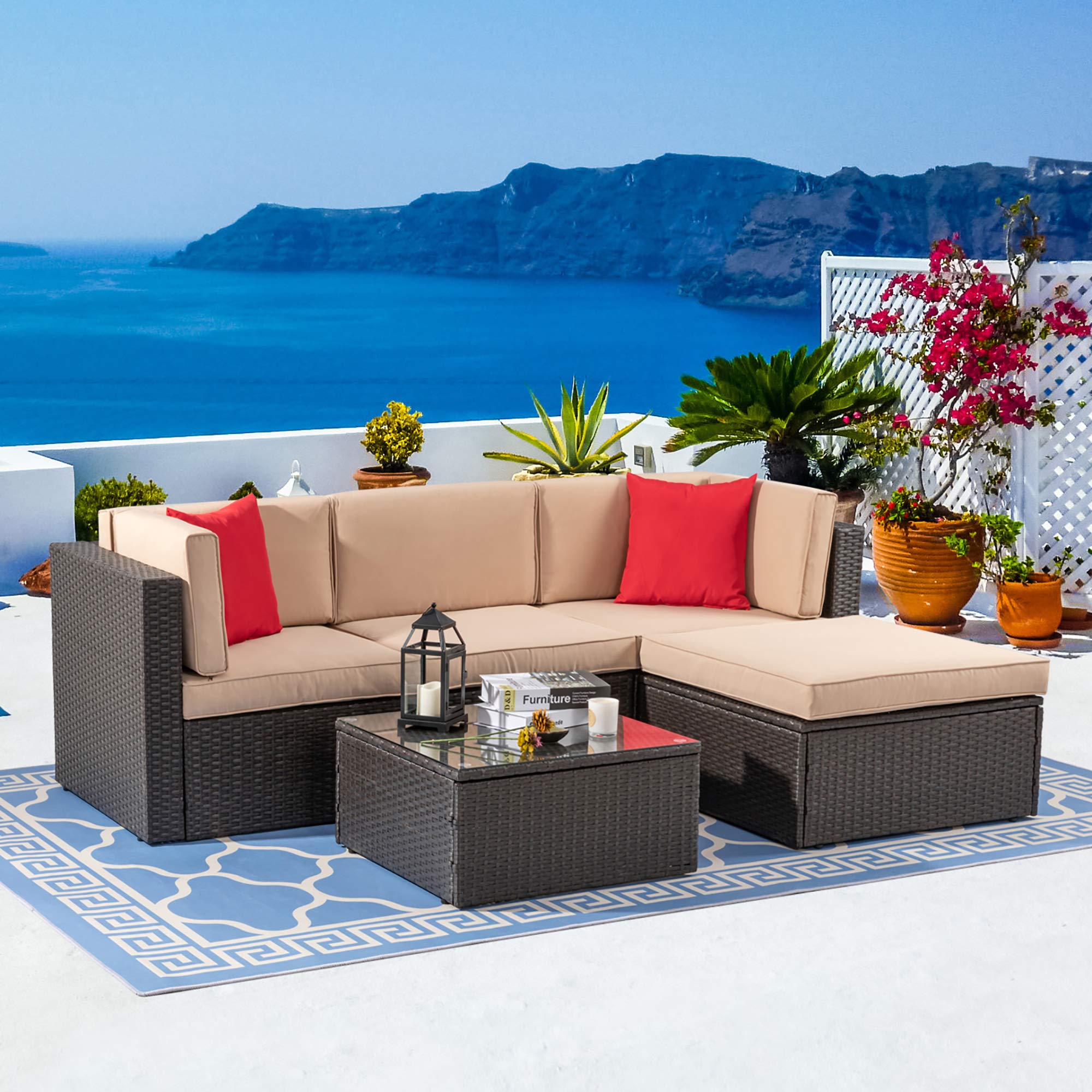 5-Piece All-Weather Brown PE Wicker Outdoor Patio Furniture Set - Garden Conversation Sectional Sofa with Ottoman, Glass Table & Red/Beige Pillows - Perfect for Backyard, Poolside & Terrace Relaxation