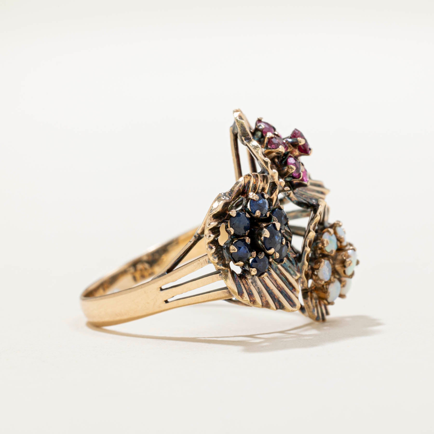 Exquisite Ruby, Sapphire & Opal Cluster Cocktail Ring | 0.90ctw Gemstone Jewelry | Size 8 | Perfect for Evening Parties, Weddings & Special Occasions