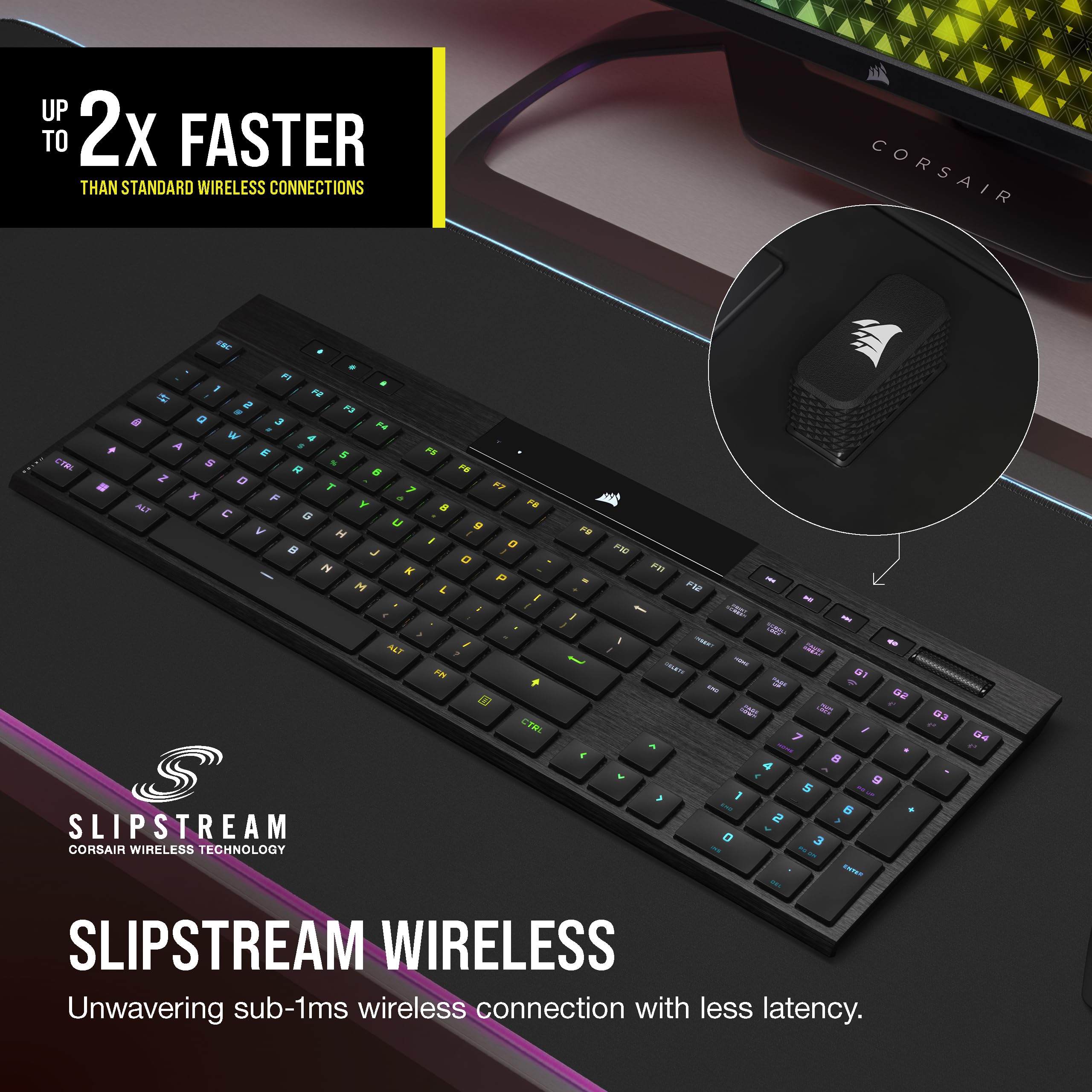 Corsair K100 AIR Wireless RGB Mechanical Gaming Keyboard - Ultra-Thin, Sub-1ms Slipstream, Low-Latency Bluetooth, Cherry MX Ultra Low Profile Keyswitches - NA Layout, QWERTY - Black | Perfect for Esports, Streaming & Office Work