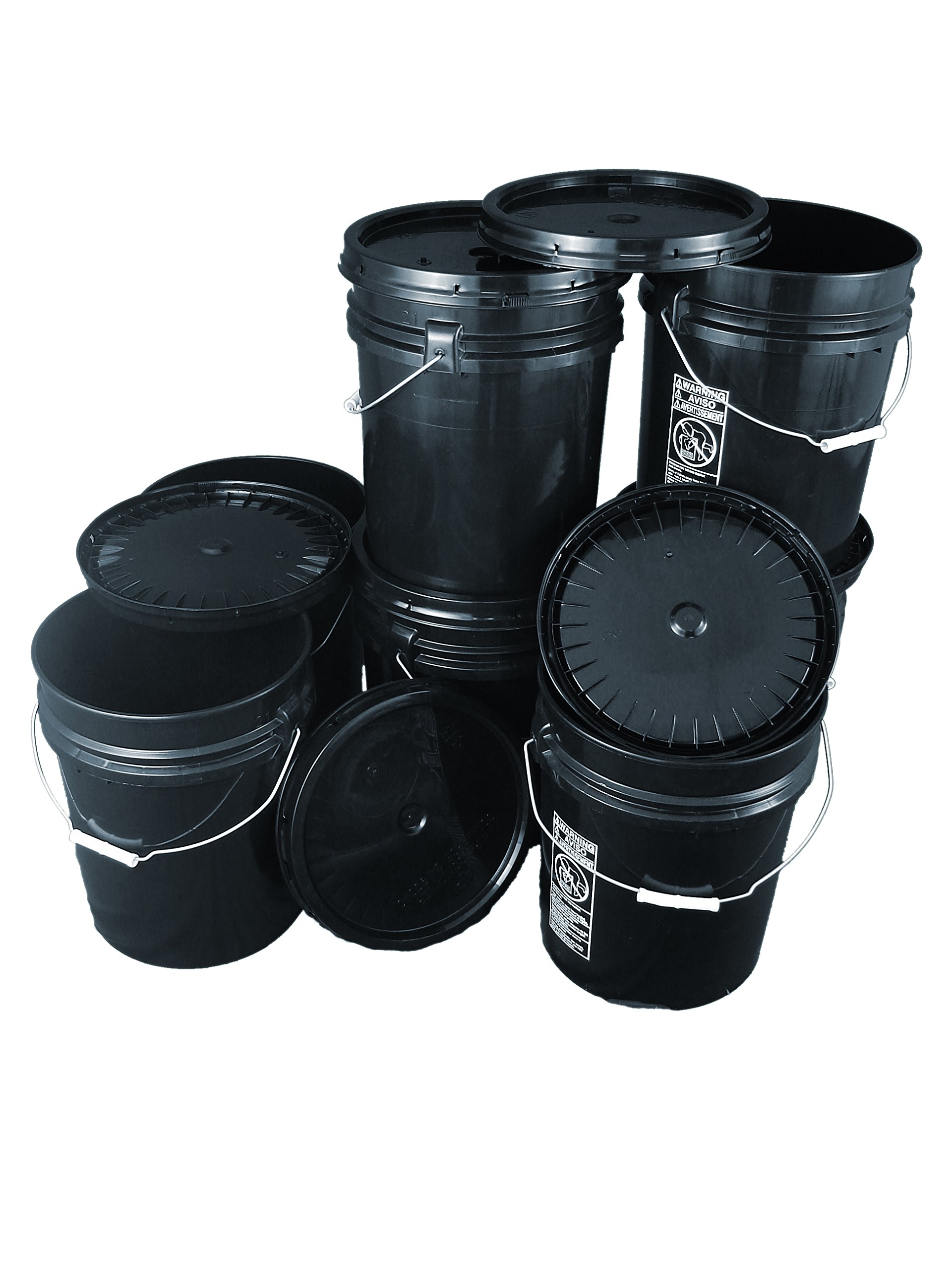 5-Gallon Black Bucket Kit with Snap-On Lids - Set of 7 Heavy-Duty 90 mil Buckets for Storage, Construction, and DIY Projects