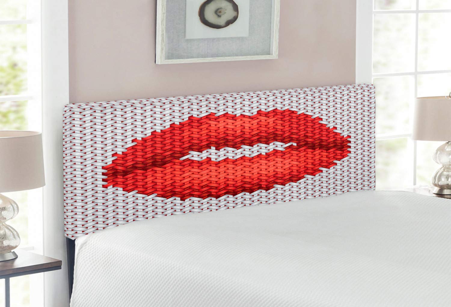 Ambesonne Feminine Headboard with Lips & Cosmetics Pattern - Upholstered Decorative Metal Bed Headboard with Memory Foam, Full Size Grey & Red - Perfect for Women's Bedroom Decor, Teen Girl Room, Dormitory & Apartment Styling