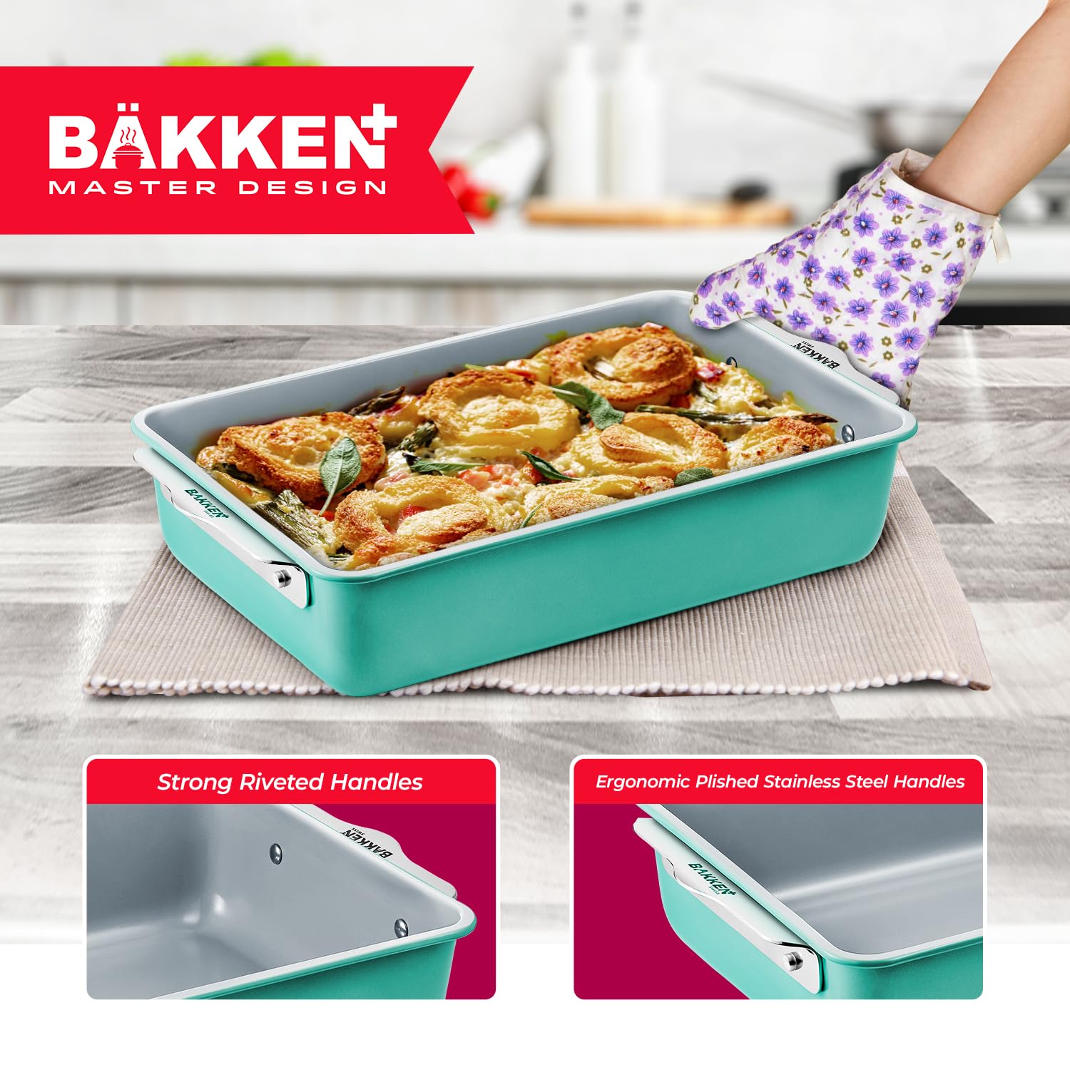 Bakken 8-Piece Non-Tick Ceramic Bakeware Set - Oven-Safe Stackable Baking Sheets & Pans with Cooling Rack - PTFE/PFOA/PFOS-Free, Ergonomic Handles - Healthy Baking Essentials for Cakes, Cookies, Bread & More - Perfect for Home Bakers & Holiday Cooking