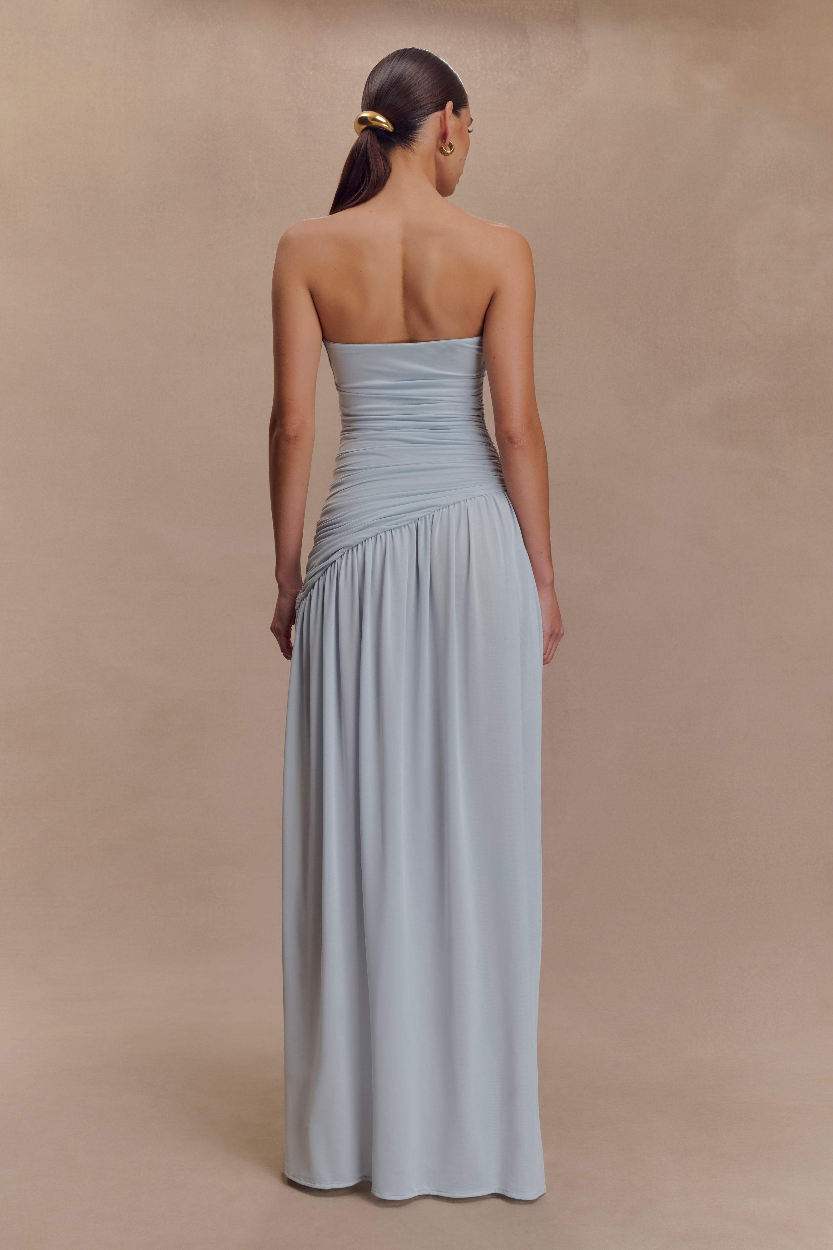 Bex Strapless Slinky Maxi Dress with High Slit in Pale Blue | Elegant Evening Gown for Weddings, Parties & Date Nights
