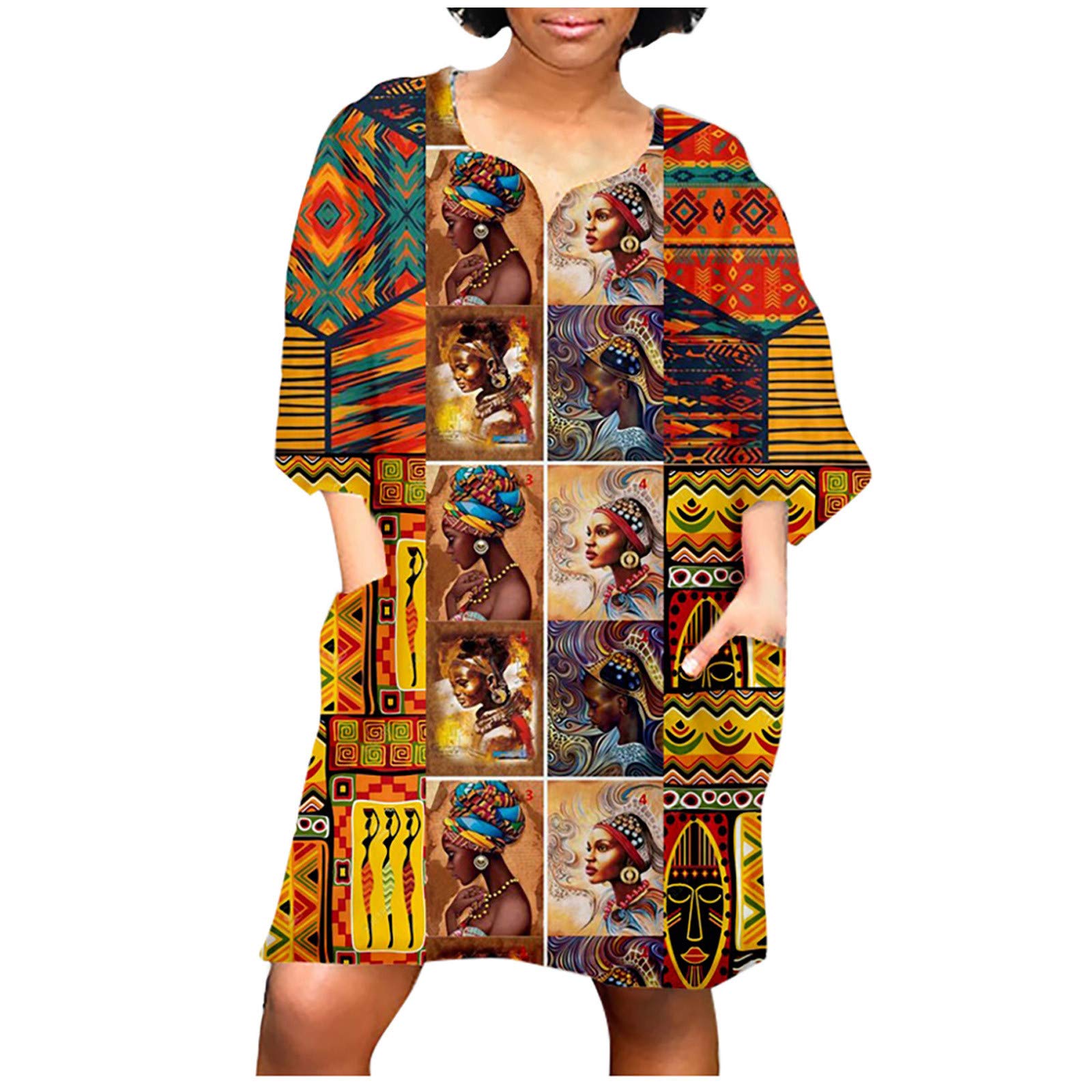 African Print Women's Casual Loose Dress - Half Sleeve V-Neck Mini Tunic with Pockets, Plus Size Summer Dress for Women | Perfect for Beach, Vacation & Everyday Wear
