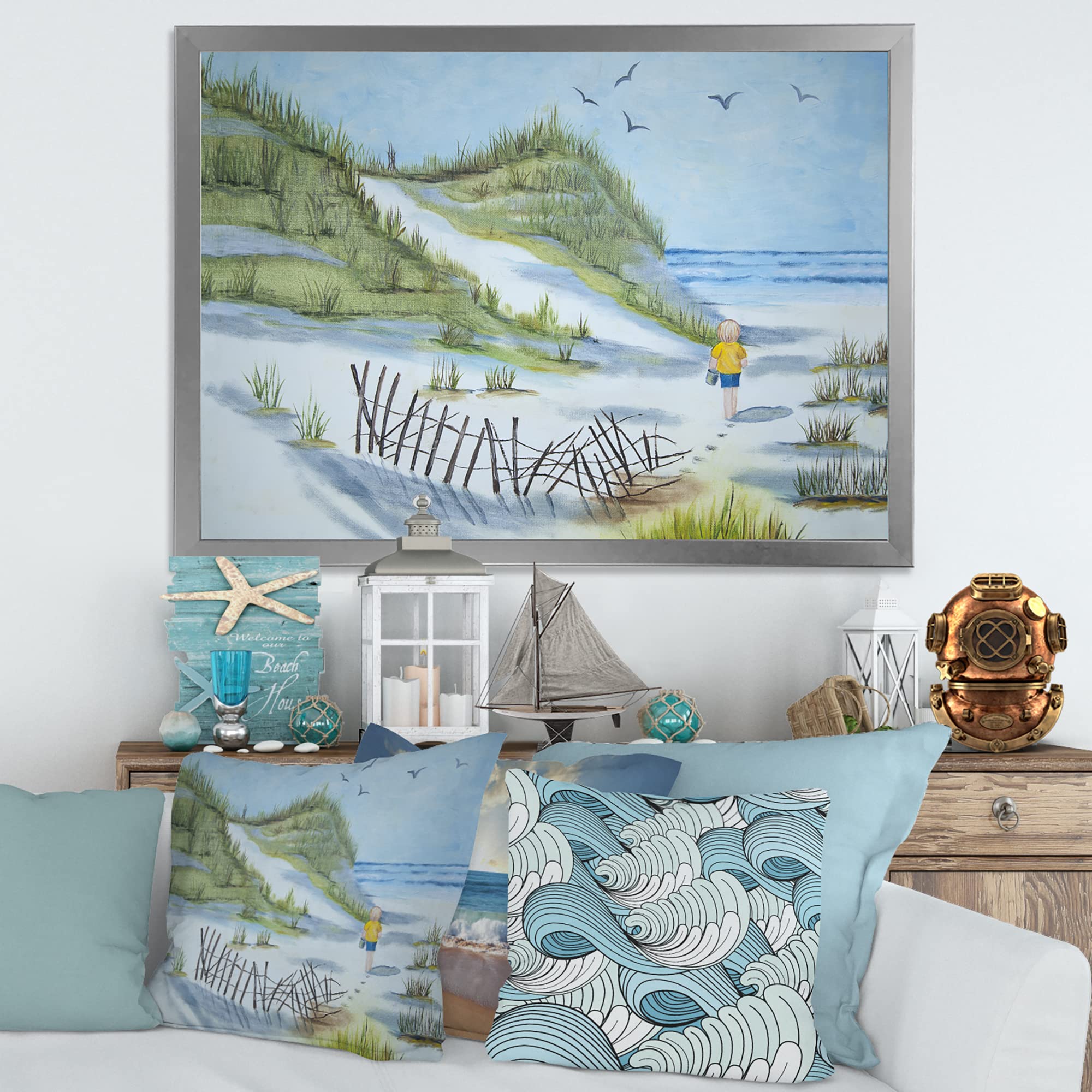 DesignQ Nautical Coastal Framed Wall Art - Beach Themed Kids Room Decor for Nursery, Bedroom or Playroom
