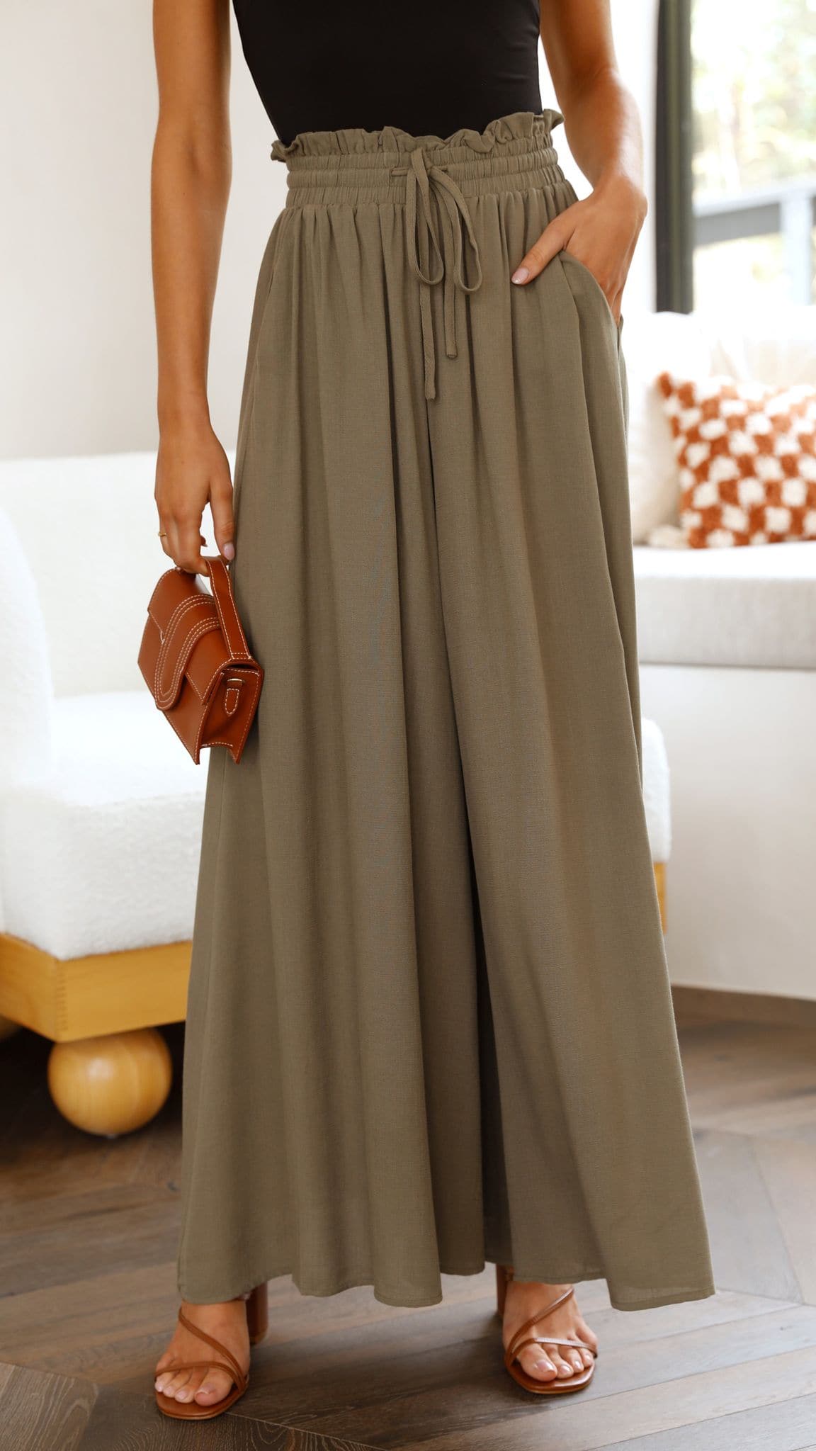 Avery Wide Leg Pants for Women - Comfortable High Waisted Linen Trousers in Khaki | Perfect for Casual Wear, Office & Summer Outfits
