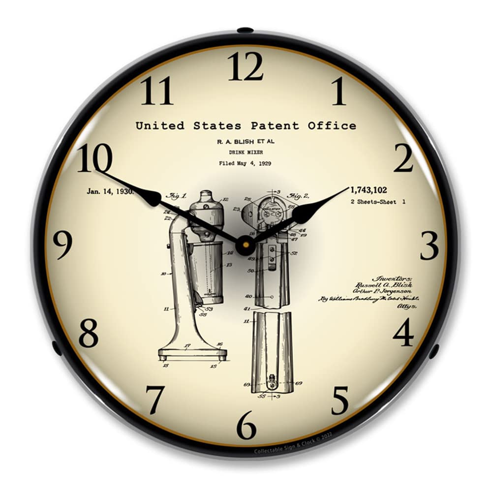 Vintage 1929 Soda Fountain Drink Mixer Patent LED Wall Clock - 14 Inch Retro Industrial Decor with Military Patch Design & Warm Lighting - Perfect for Man Cave, Bar, Restaurant, or Vintage Home Decor