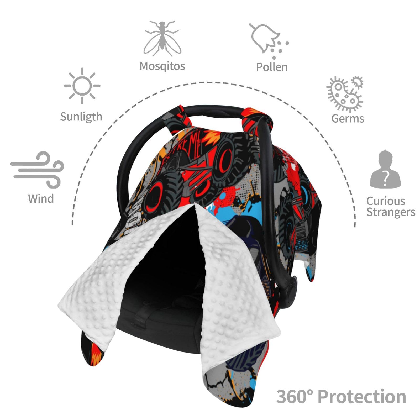 Monster Truck Baby Car Seat Cover with Peekaboo Opening - Nursing Car Seat Canopy for Infants & Newborns - Perfect for Travel, Road Trips, and Daily Commutes