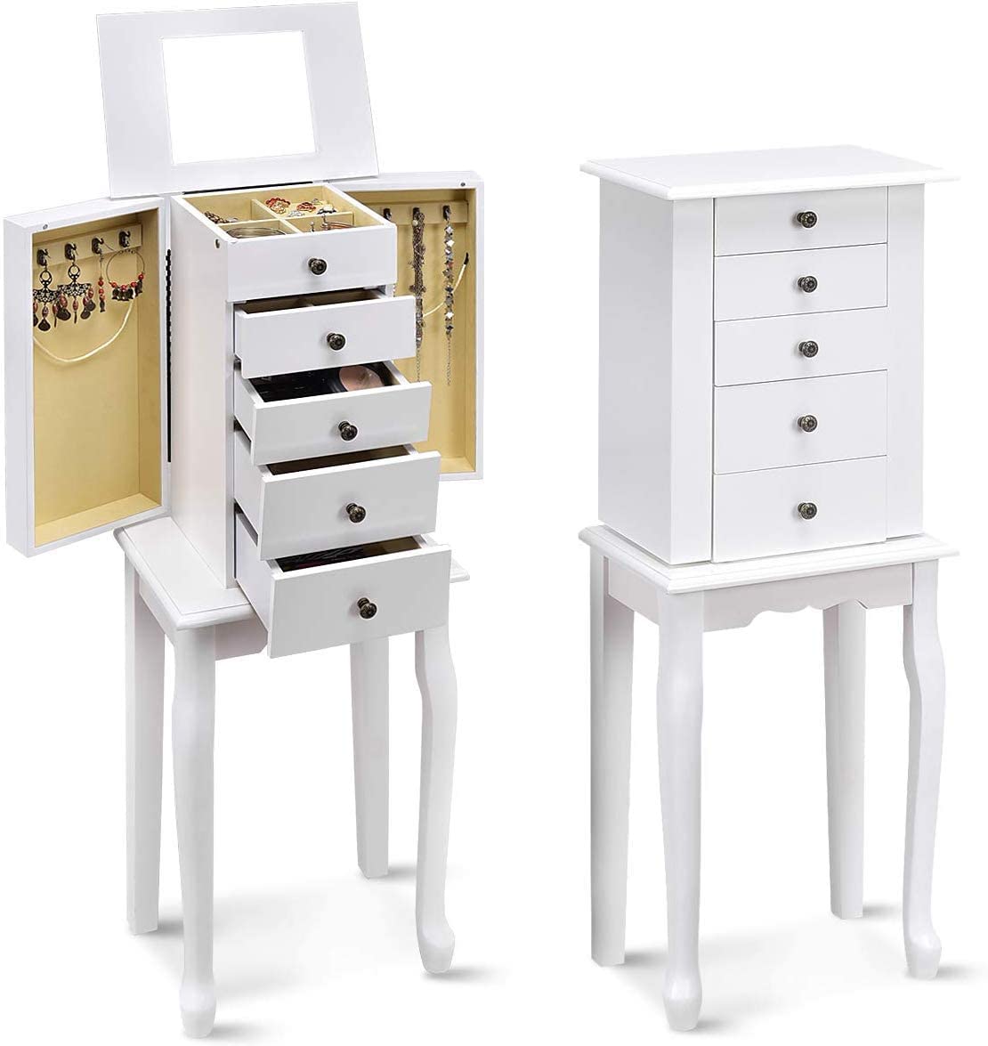Byroce Jewelry Armoire Cabinet with Flip Top Mirror - 5 Drawers, 2 Doors & 8 Necklace Hooks - Standing Jewelry Storage Organizer for Women & Girls - Perfect for Bedroom, Closet or Dressing Room (White)