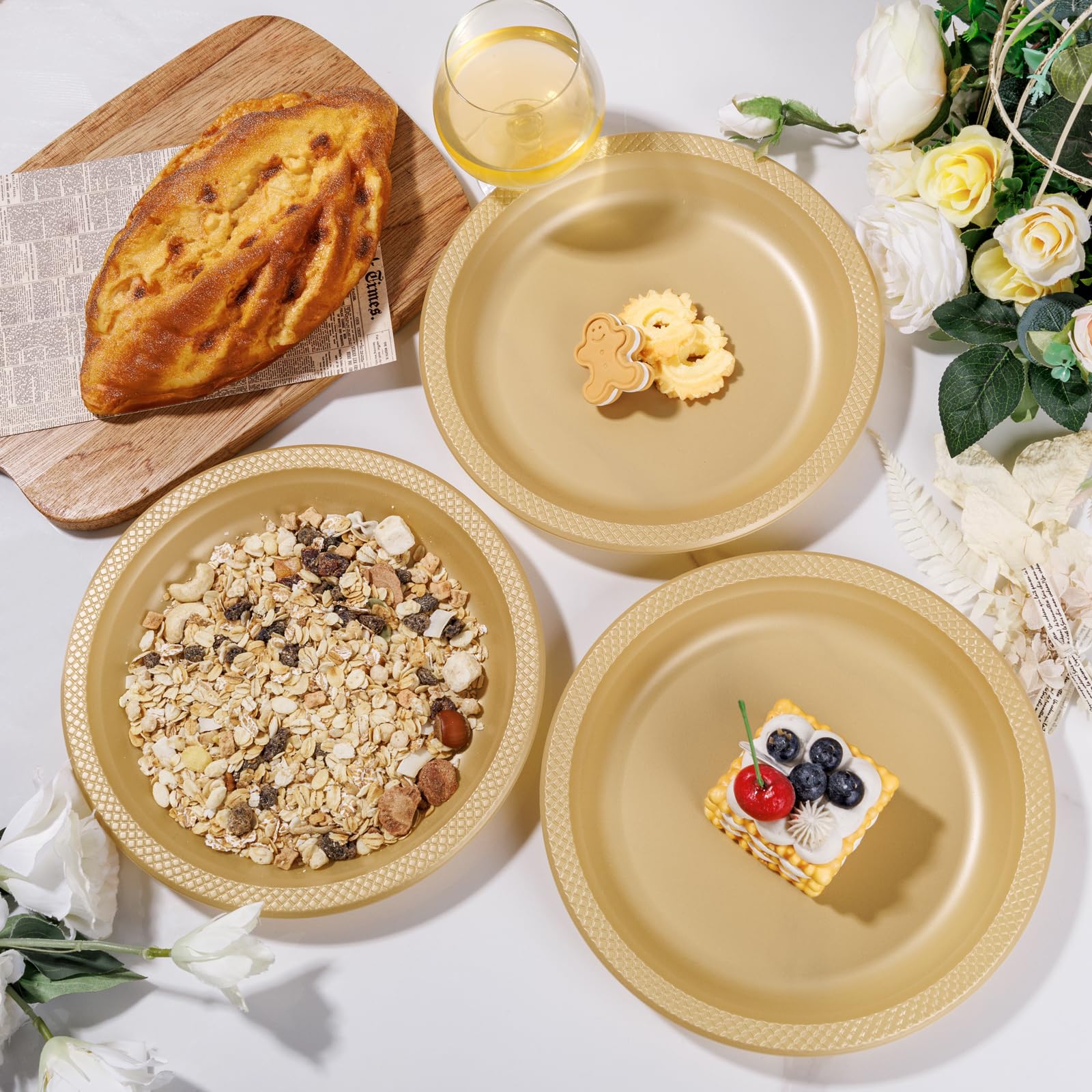 WELLIFE Gold Disposable Plastic Plates 9 Inch - 150 Count, Elegant Dinner Plates for Party, Wedding, Birthday, Engagement, Baby Shower & Special Events - Perfect for Desserts, Cakes & Catering