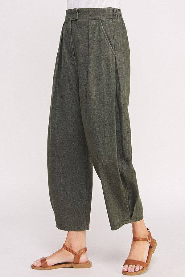 Olive Wash Barrel Leg Trousers for Women - High Waisted Wide Leg Pants | Comfortable Stretch Fabric | Perfect for Casual Wear, Office & Travel