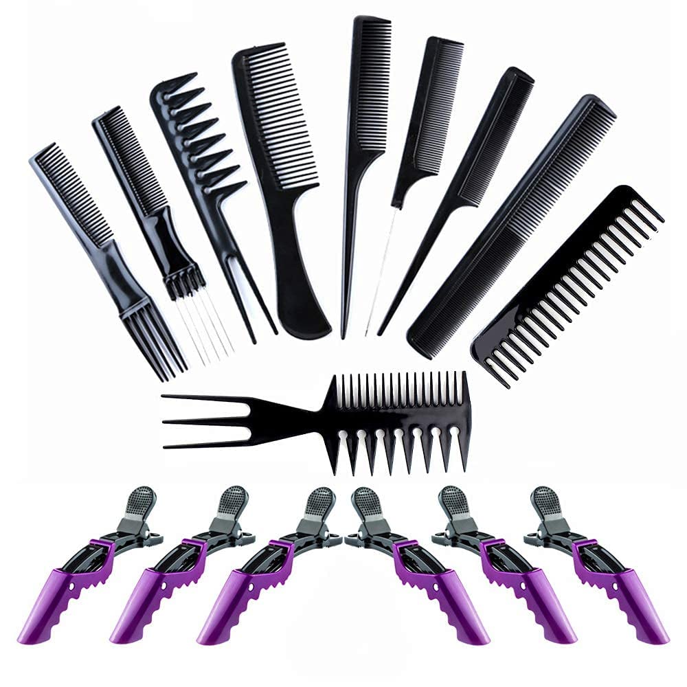 ELITEWAVE 16Pcs Hair Combs Set for Women & Men - 10Pcs Styling Combs & 6Pcs Hair Clips Including Rat Tail Comb, Teasing Comb, Barber Comb - Perfect for Salon, Home Hair Care & Travel Styling (Black)