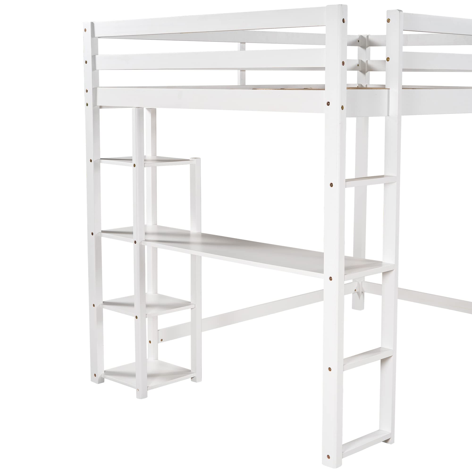 SOFTSEA Full Size Loft Bed with Storage Shelves & Under Bed Desk - Solid Wood Space Saving Bed Frame for Kids, Teens & Juniors - Perfect for Small Bedrooms, Dorms & Studio Apartments (White)