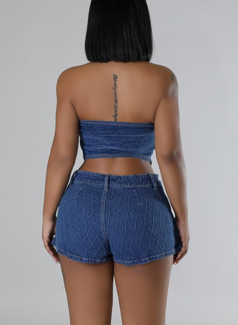 Stylish Women's 2-Piece Denim Skirt Set - Sexy Halter Tank Top & Jean Skort for Summer, Party & Night Out | Perfect for Club, Beach & Casual Wear