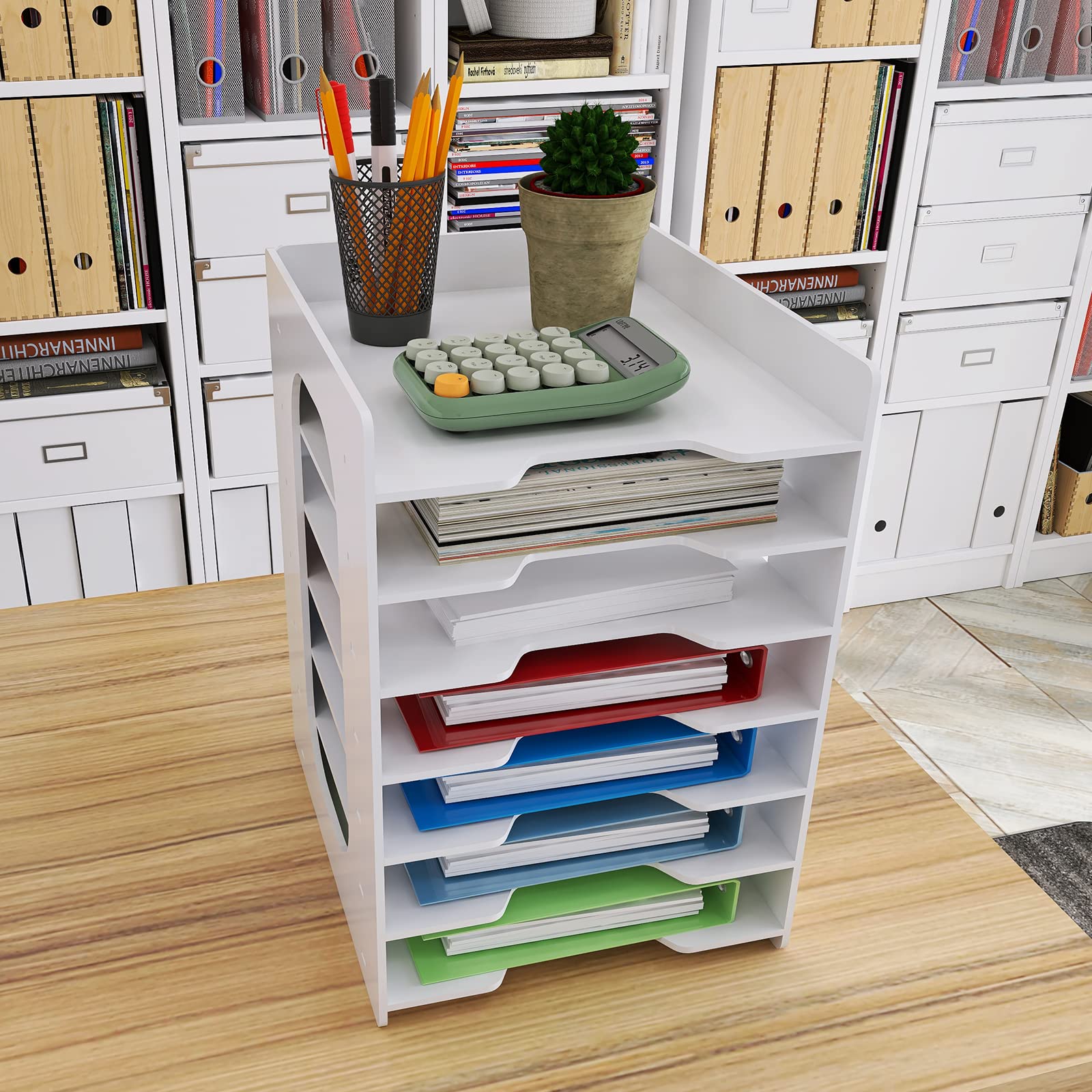 7-Tier White Paper Organizer for Desk - File Holder & Mail Letter Tray, Document Storage Rack for Home Office, School & Classroom - Perfect for Organizing Bills, Notebooks, Office Supplies & Daily Documents