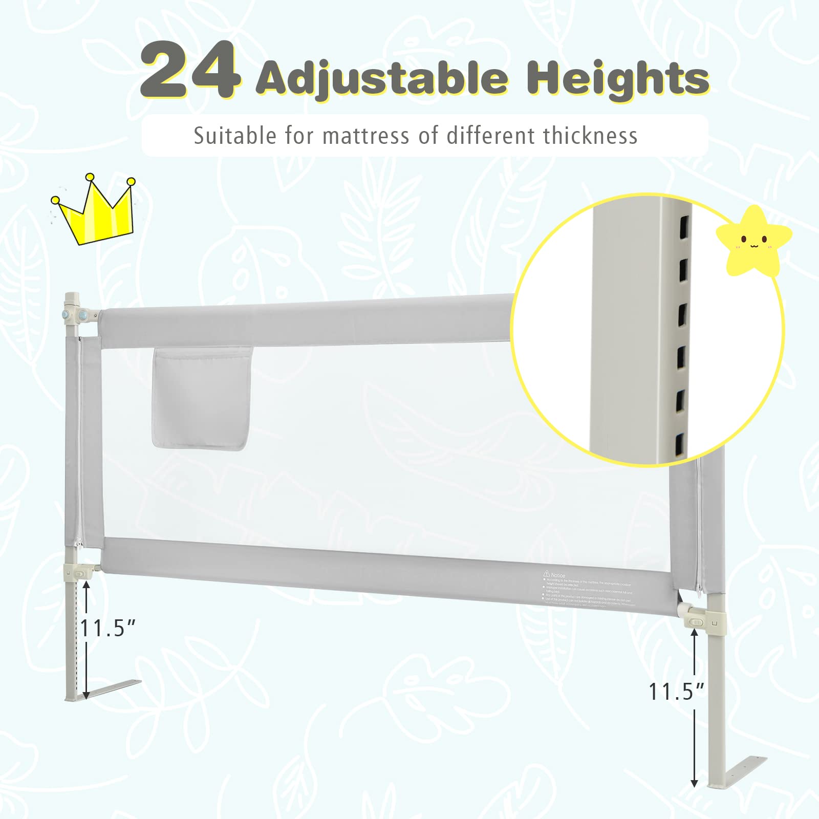 HONEY JOY 69-inch Extra Long Portable Bed Rail for Toddlers - Safety Bed Guardrail with Side Pocket, Fits King, Queen, Full & Twin Size Mattresses (Gray) - Perfect for Childproofing, Travel & Home Safety
