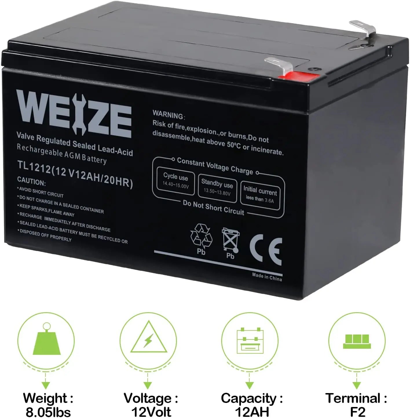 WEIZE 12V 12Ah Sealed Lead Acid Deep Cycle AGM Battery - Perfect for Solar Power Systems, Electric Scooters, and Backup Power Supplies