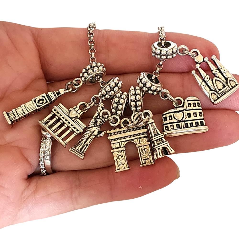 Landmark Travel Charm Bracelet & Necklace Set - Berlin, Barcelona, Paris, New York, Big Ben, Rome Souvenir Jewelry | Perfect for Travel Lovers & Gift Giving