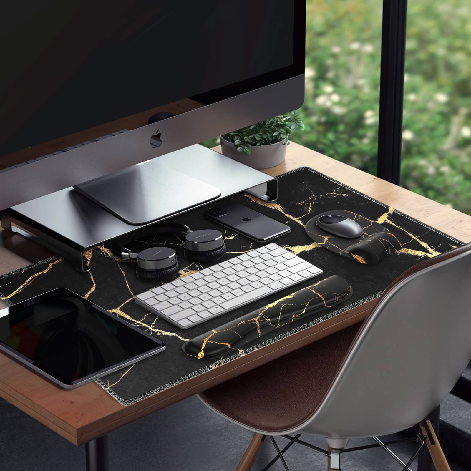 Ergonomic Mouse Pad with Wrist Rest - Black Gold Marble Desk Mat Set for Keyboard & Mouse - Office & Gaming Accessories for Comfort & Productivity - Perfect for Workstations, Home Offices & PC Setups