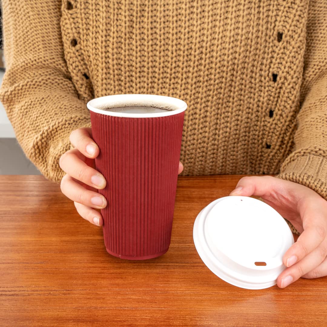 **Restaurantware 16oz Insulated Coffee Cups with Lids (200 Pack) – Leakproof, Non-Slip, Crimson Disposable Paper Cups for Hot Beverages – Perfect for Coffee, Tea, Hot Cocoa & Lattes – Ideal for Cafés, Offices & Events**