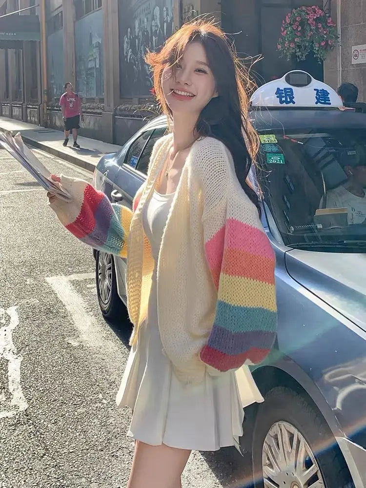 Rainbow Striped Knitted Cardigan for Women - Cozy Oversized Sweater for Fall & Winter - Perfect for Casual Wear, Office, and Date Nights