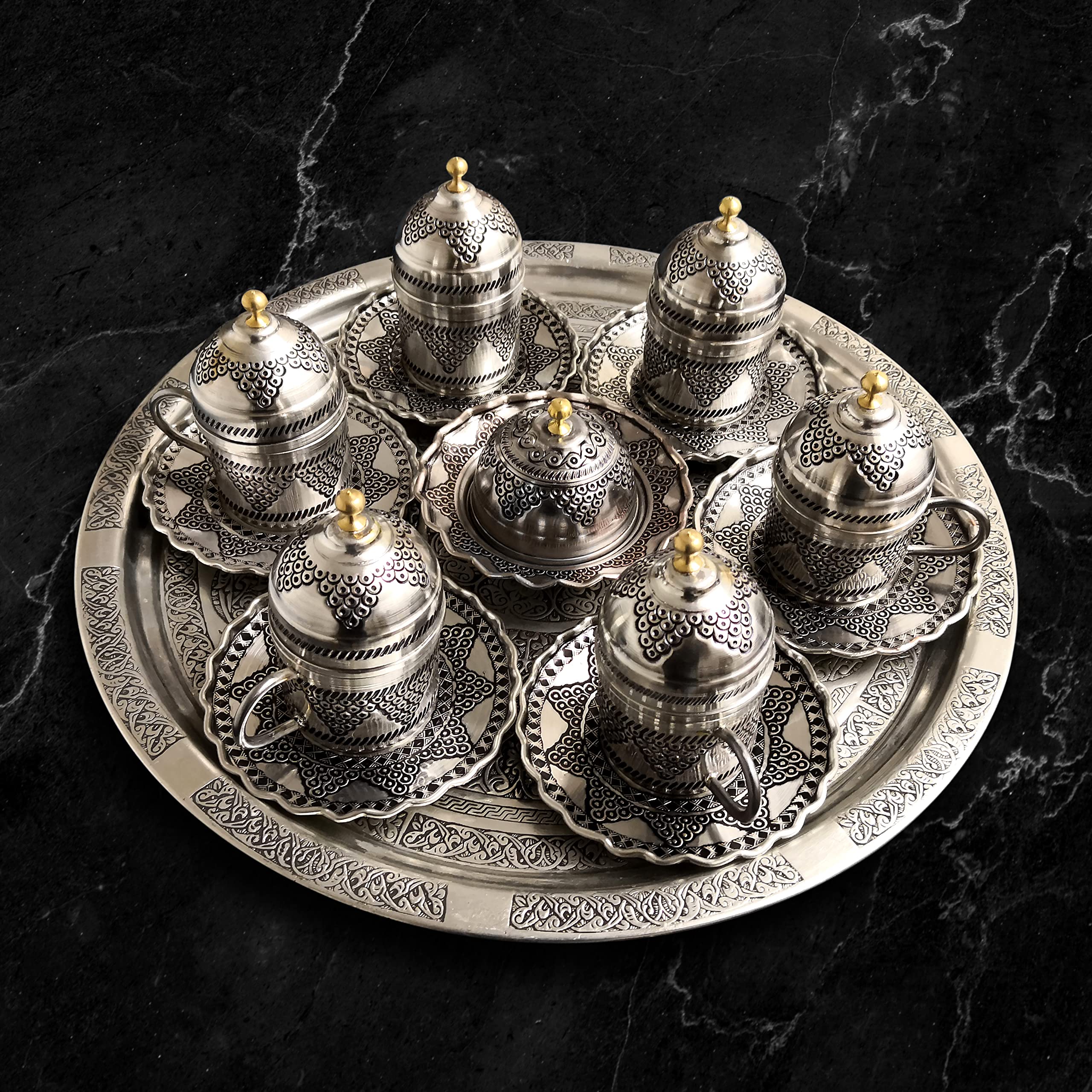 Turkish Copper Coffee Cup Set of 6 with Tray - Vintage Espresso Cups in Velvet Gift Box, Nickel Plated Mini Coffee Serving Set for Home, Cafe & Turkish Coffee Ceremony