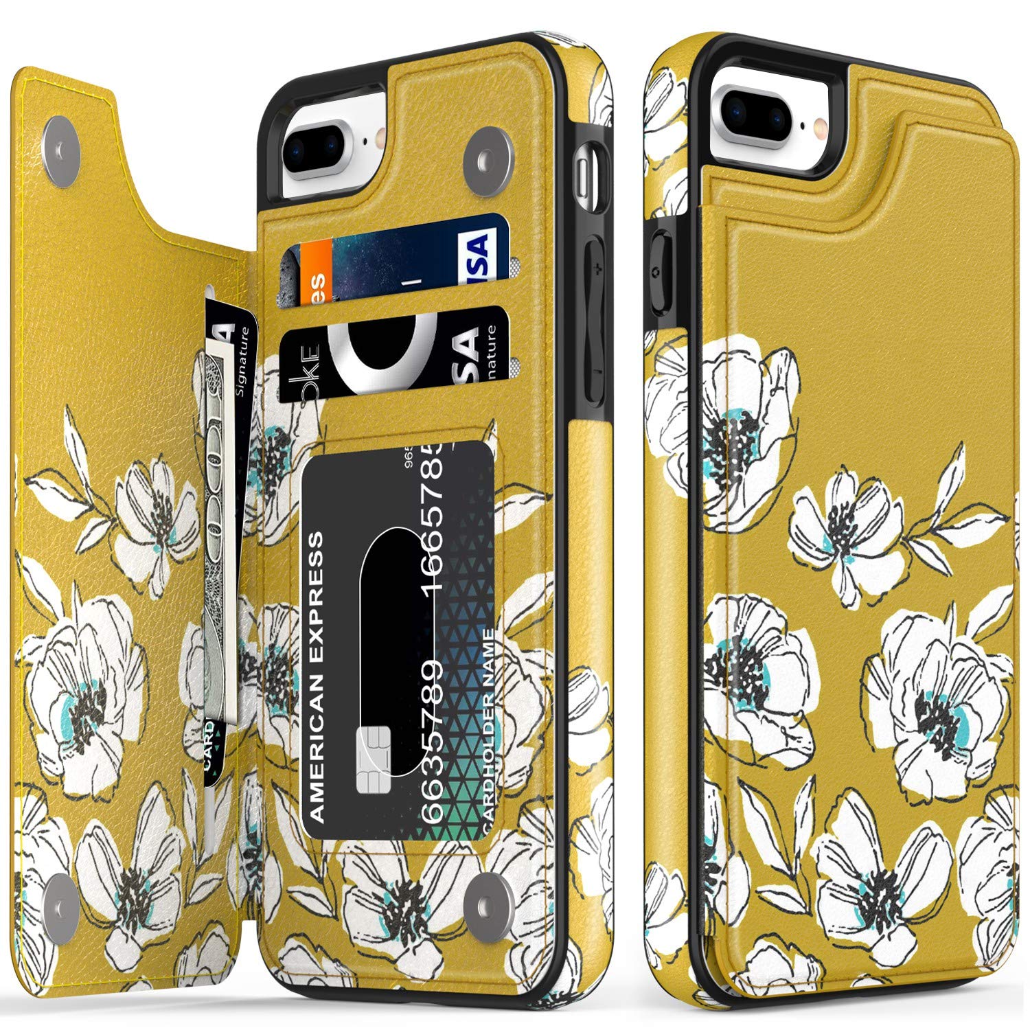 Premium Leather Wallet Case for iPhone 8 Plus & iPhone 7 Plus - Floral Design Flip Folio Cover with Card Slots for Women | Stylish Protective Phone Case for Everyday Use, Travel & Business Meetings