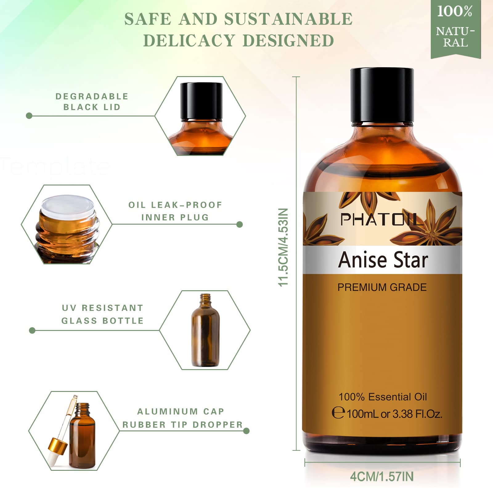 Phatoil 100ml (3.38 fl oz) Pure Anise Star Essential Oil - Premium Aromatherapy Oil for Diffusers & Humidifiers, DIY Soap, Candle & Bath Bomb Making - Relaxing Scent for Spa, Yoga & Home Fragrance
