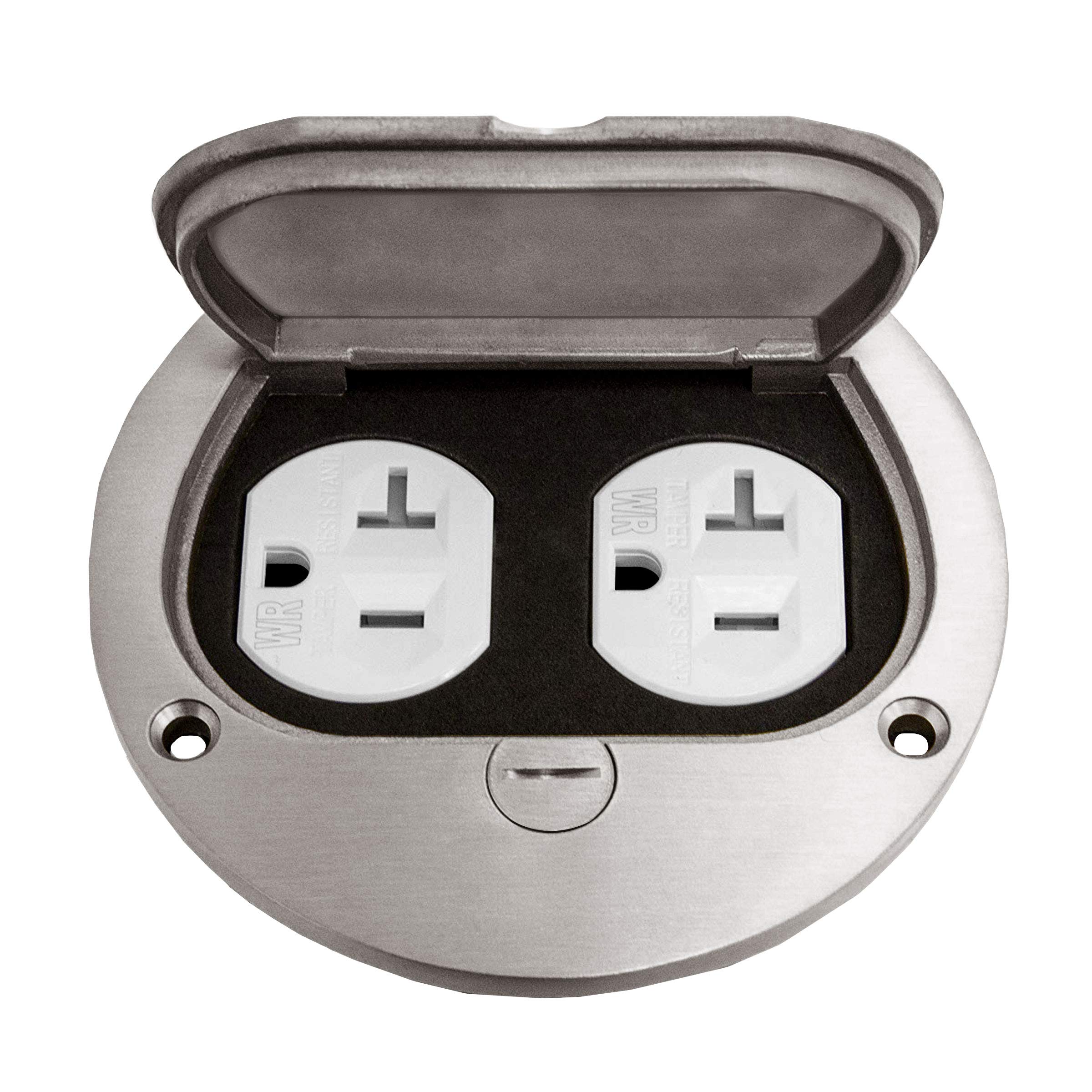 Enerlites 975502-S 4'' Hinged Floor Box Cover Flange - 20A Duplex Tamper & Weather Resistant Receptacle - Nickel Plated Brass - Ideal for Outdoor & Commercial Electrical Installations