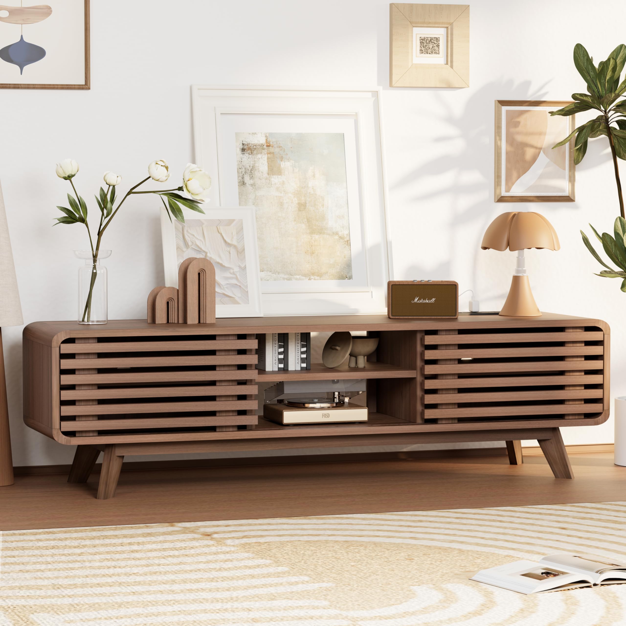 Modern TV Stand for Living Room - Large Entertainment Center with Slatted Sliding Doors, Open Shelves & Built-in Power Outlet - Rustic Reddish Brown Media Console Cabinet - Perfect for Home Theater Setup & Living Room Organization