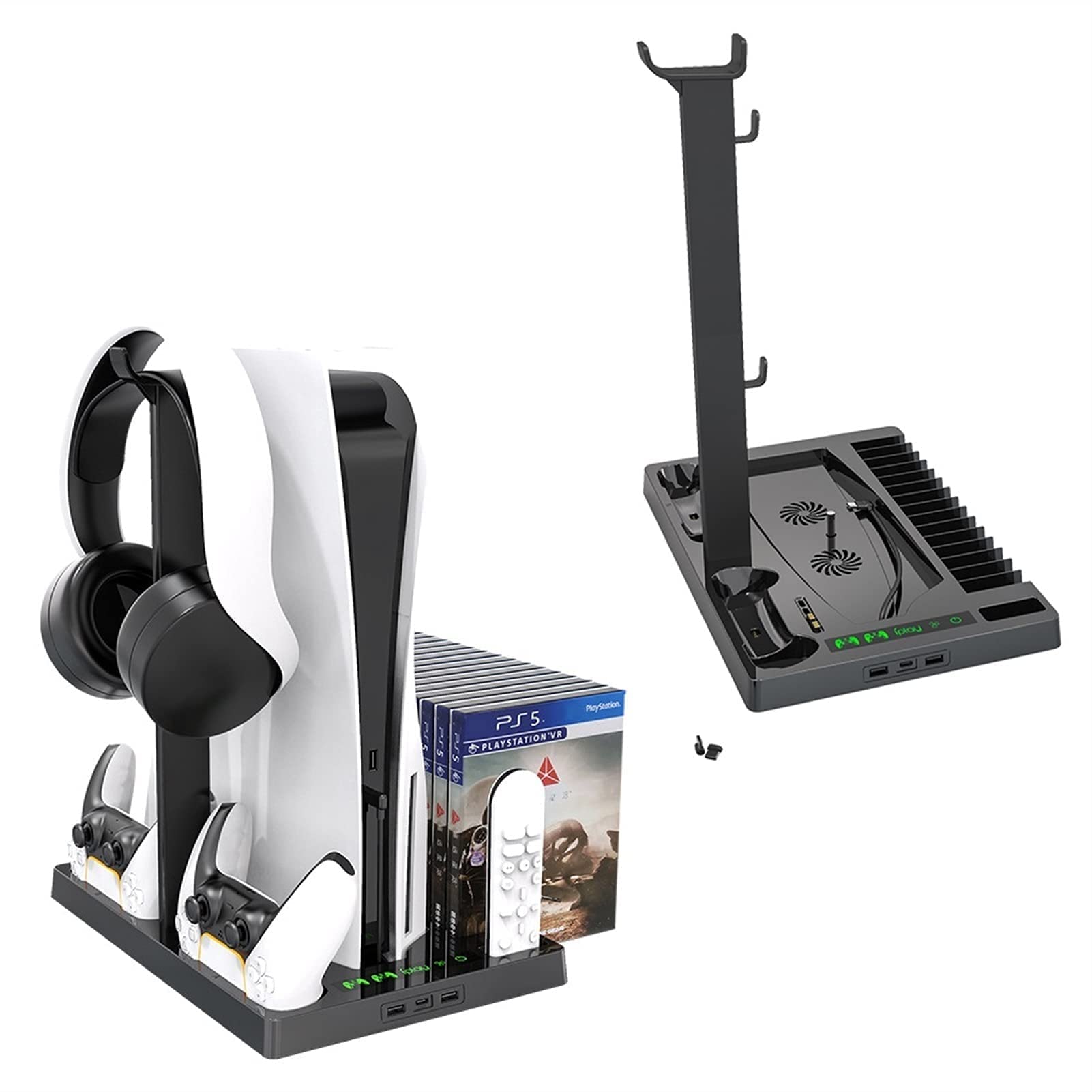 PS5 Vertical Stand Cooling Fan with Dual USB Charger Ports & LED Indicator - Game Storage Organizer for PlayStation 5 Console (Black) - Perfect for Gaming Setup & Accessory Organization