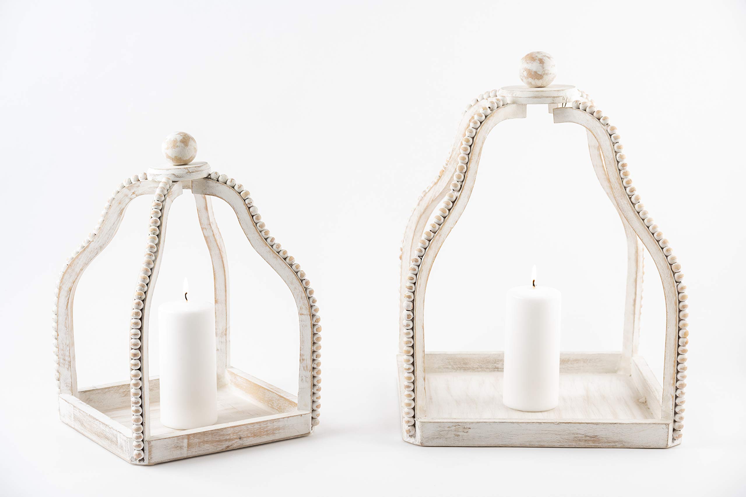 Distressed White Wash Wood Beaded Lantern Set by Mud Pie - Rustic Farmhouse Decor for Patio, Garden, Wedding & Home Decoration