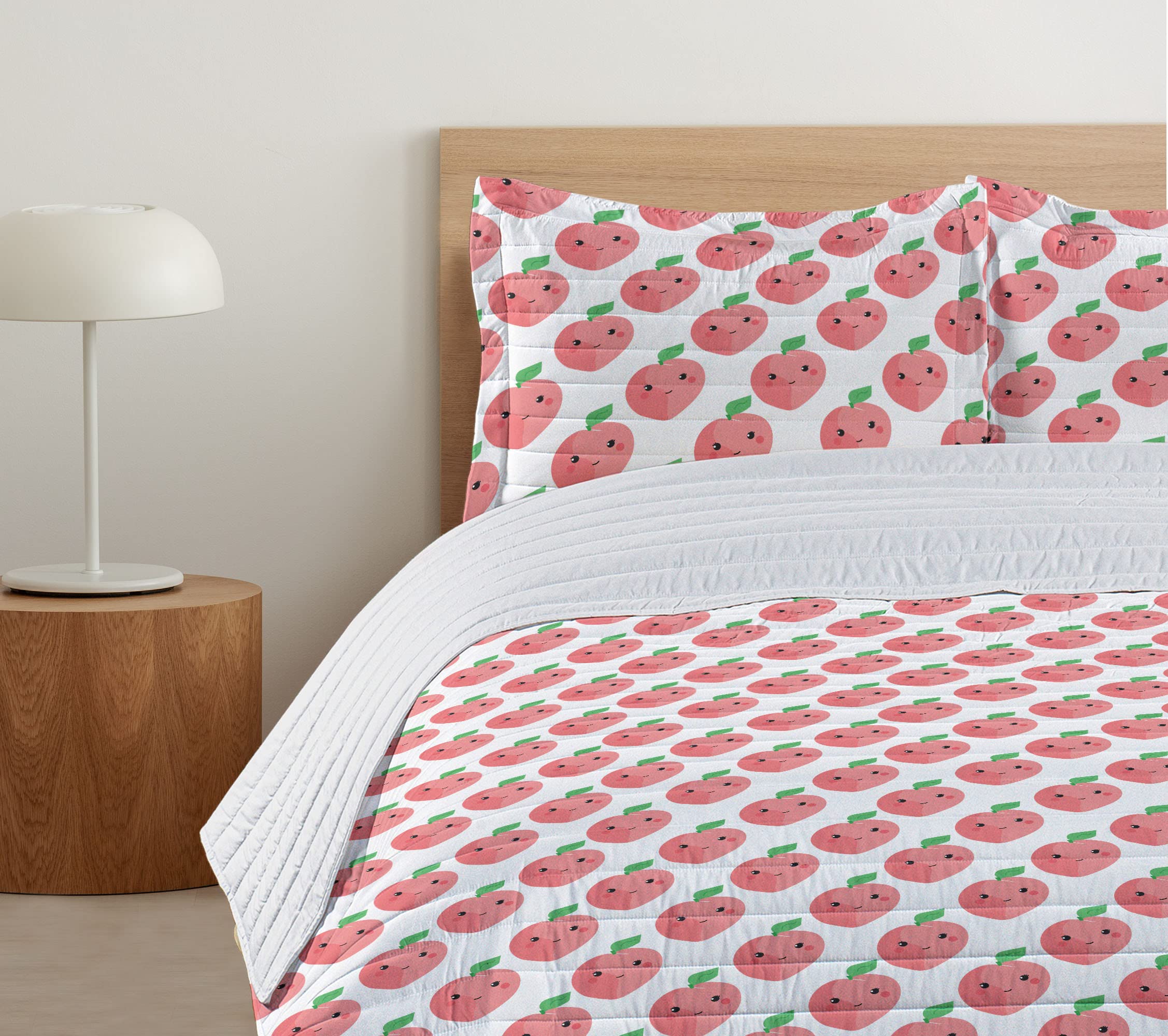 Ambesonne Peach Microfiber Bedspread Set - Kawaii Style Fruit Pattern with Smiling Faces, Soft Queen Size Comforter & Pillow Shams in Pastel Pink White Green - Perfect for Kids' Rooms, Dorm Decor & Anime Themed Bedrooms