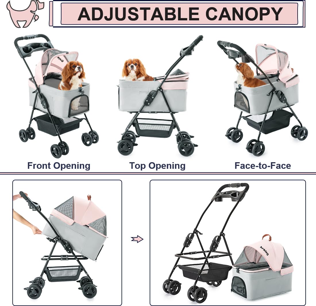 3-in-1 Folding Lightweight Pet Stroller for Small Dogs & Cats - Portable Jogging Stroller with Detachable Carrier, Cup Holder & Storage Basket - Ideal for Walking, Shopping & Outdoor Adventures (4 Wheels)