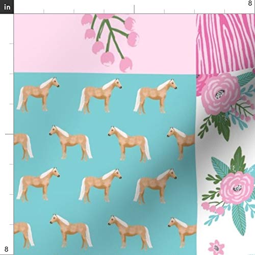 Premium Spoonflower Fabric - Horse Cheater Quilt Palomino Pink Aqua Floral Equestrian Design Printed on Soft Minky Fabric by The Yard - Perfect for Sewing Baby Blankets, Quilt Backing & Plush Projects | DIY Nursery Decor, Equestrian-Themed Bedding & Cozy Home Textiles