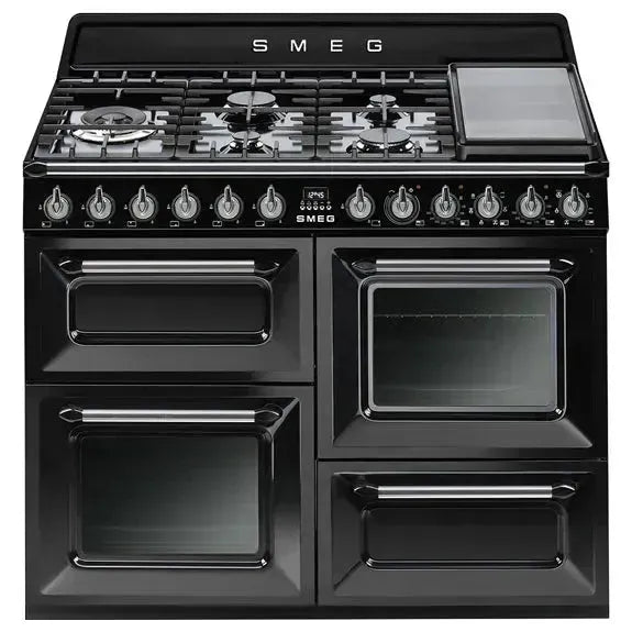 Smeg Victoria 110cm Dual Fuel Freestanding Cooker - Black (TRA4110BL) | Professional Gas & Electric Range for Modern Kitchens | Ideal for Home Chefs & Entertaining