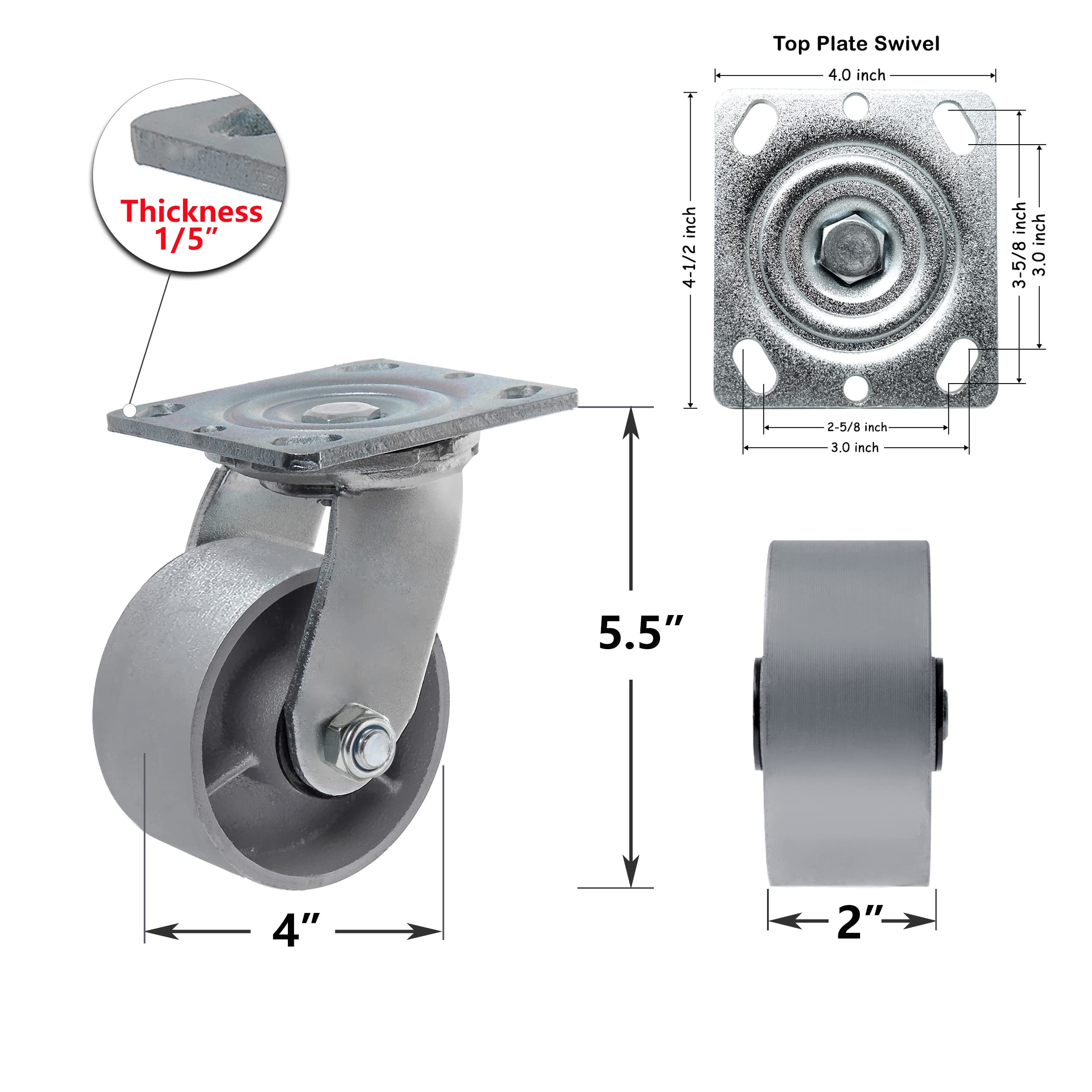 Heavy Duty 4 Inch Steel Cast Iron Swivel Caster Wheels - 3000 LB Capacity (2 Brake & 2 Swivel) for Tool Boxes, Workbenches, Industrial Equipment & Workshop Applications