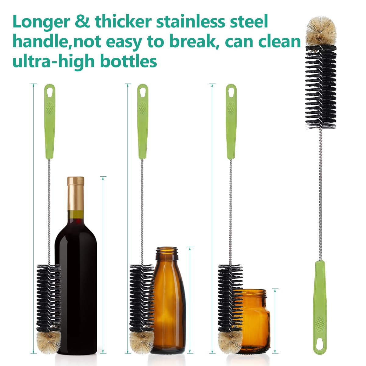 ORIA 4-Pack Bottle Cleaning Brush Set with Long Handle - Stainless Steel Straw Cleaner, Wire Scrub Brushes for Water Bottles, Baby Bottles, Pipes & Beer Brewing - Perfect for Kitchen, Home & Camping Use