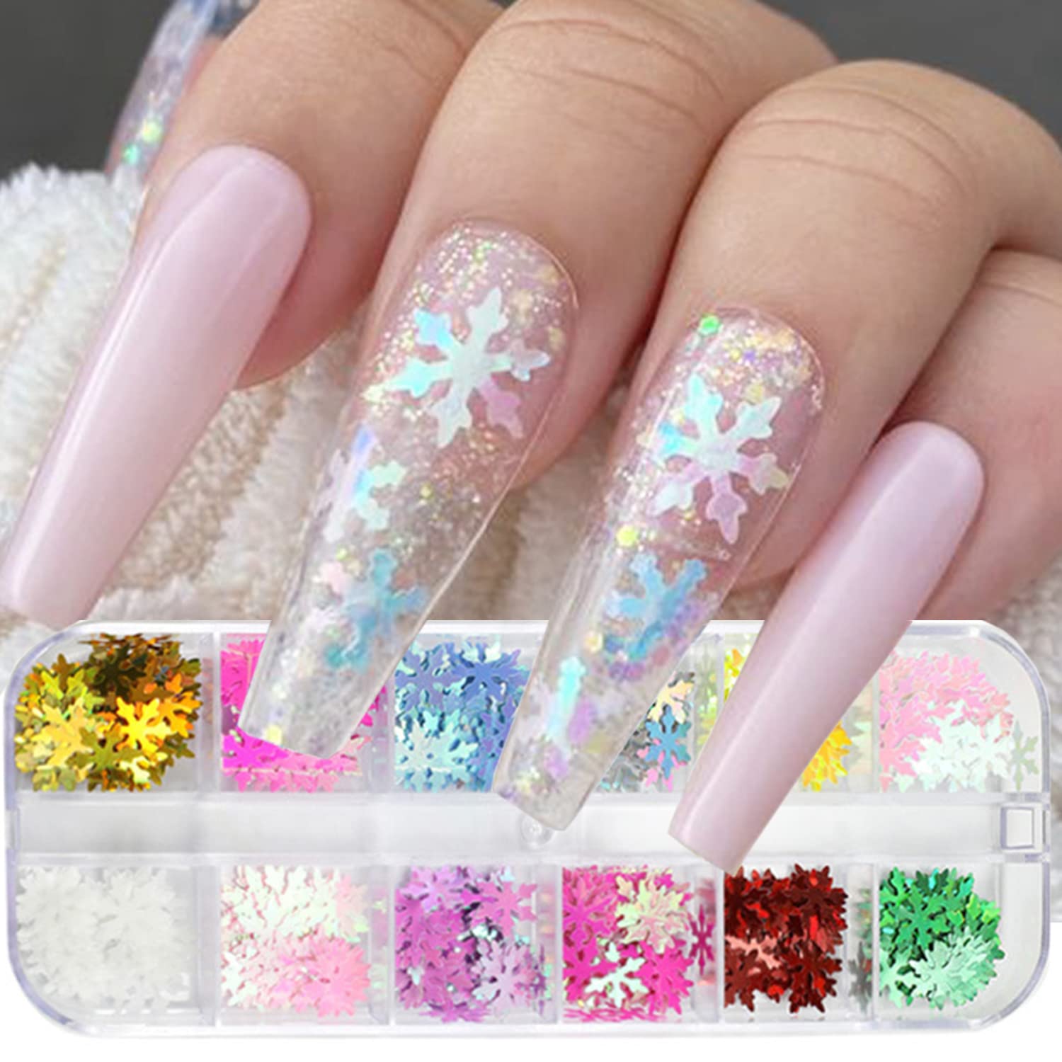 Holographic Snowflake Glitter Nail Art Sequins - 12 Colors Winter Snowflake Nail Decorations for Acrylic Nails, DIY Manicure Supplies for Women & Girls - Perfect for Christmas Nail Art, Holiday Parties & Winter Nail Designs