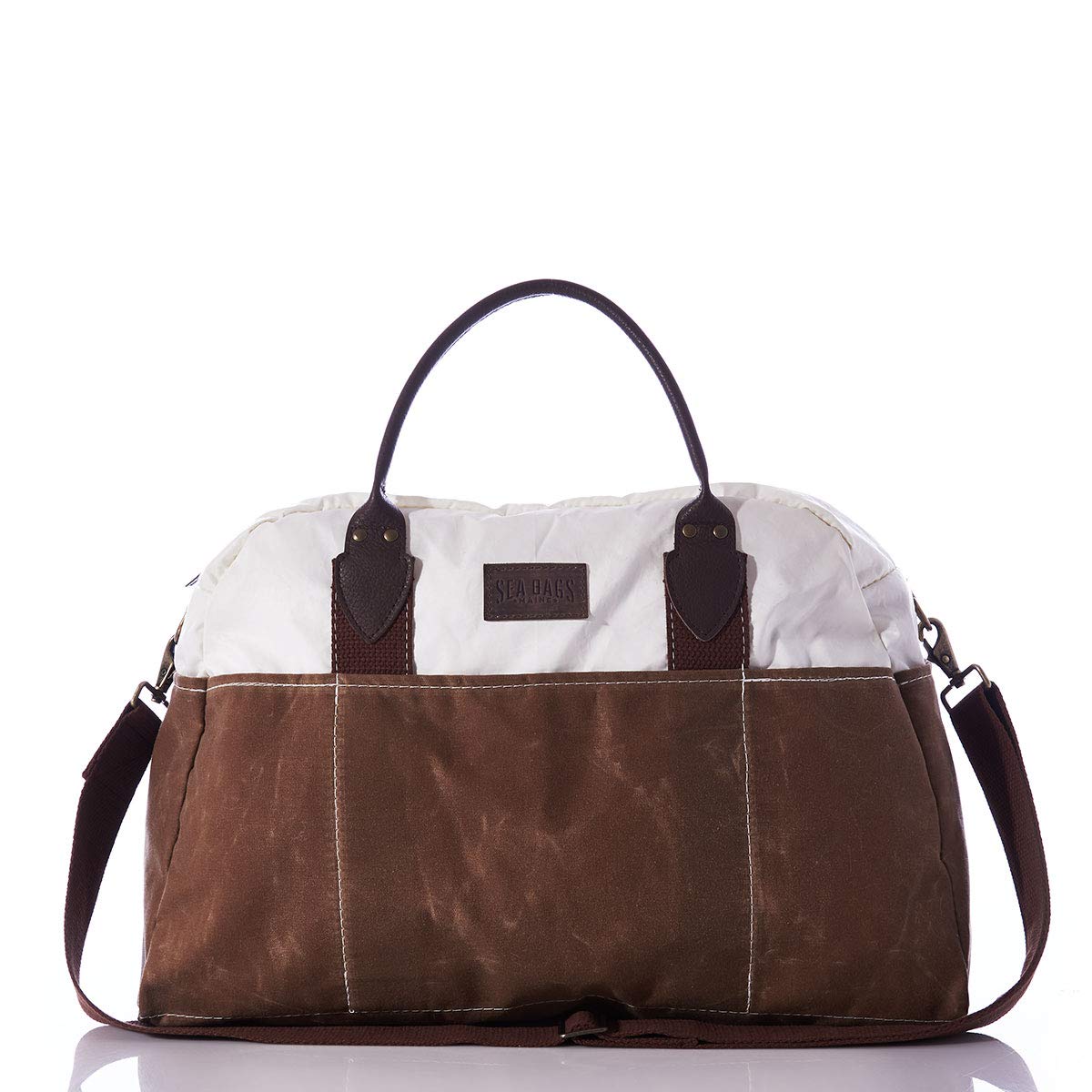 Sea Bags Recycled Sailcloth Chebeague Weekender Duffle Bag - Eco-Friendly Tan Tote with Adjustable Strap & Leather Handles - Perfect for Travel, Gym & Weekend Getaways