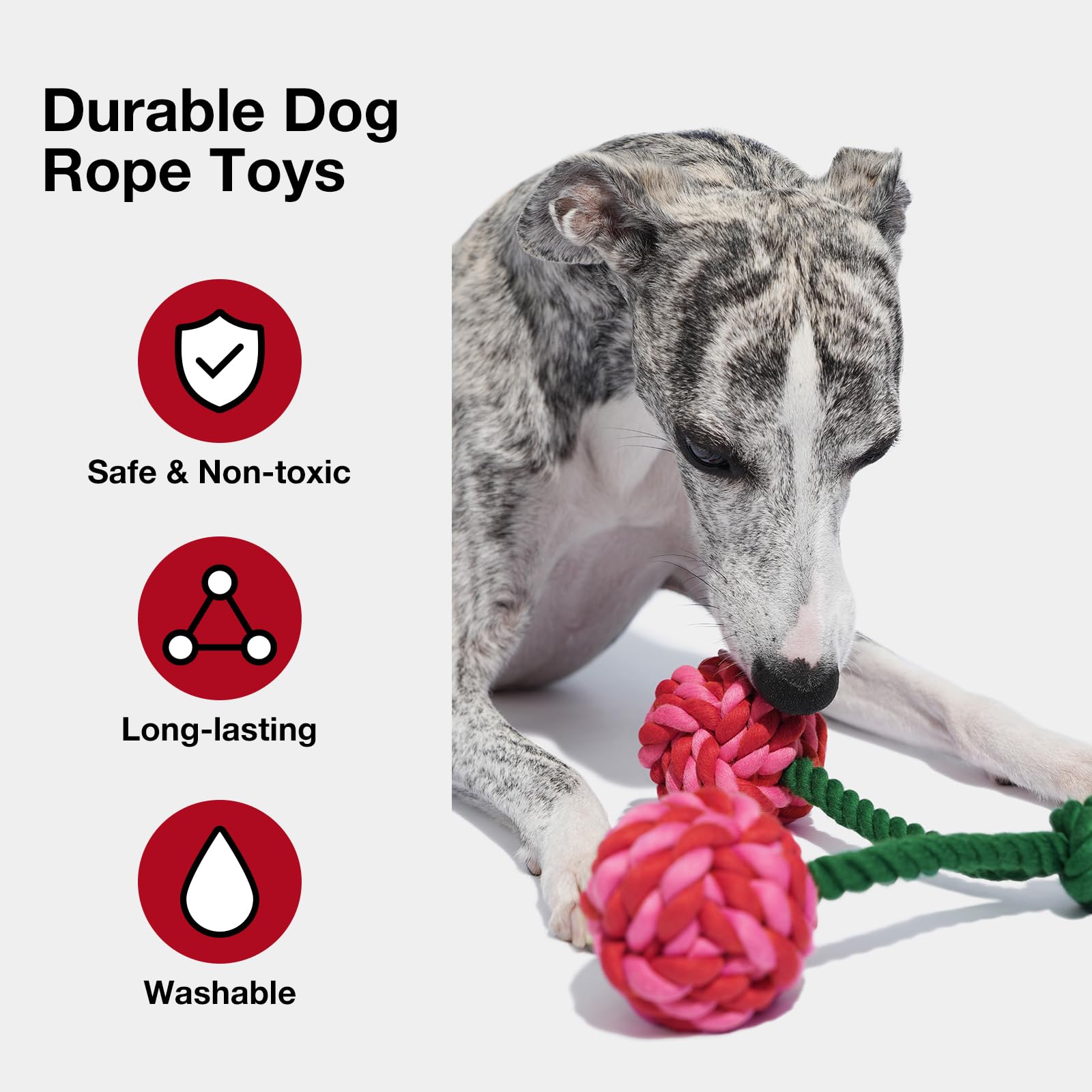 VETRESKA Durable Dog Rope Toys for Large Breed Dogs - Heavy Duty Tug of War Chew Toy with Ergonomic Handle for Puppy Training, Teething Relief & Interactive Play | Perfect for Outdoor Activities, Indoor Games & Holiday Gifts (Cherry Red)