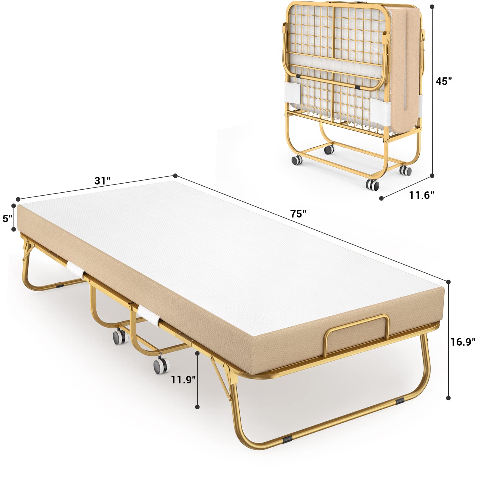Homieasy Folding Bed with Memory Foam Mattress - Portable Rollaway Guest Bed for Adults, 75” x 31” Cot Size with Metal Frame & Storage Cover - Gold Luxury Wheels | Perfect for Spare Rooms, Camping & Office Naps