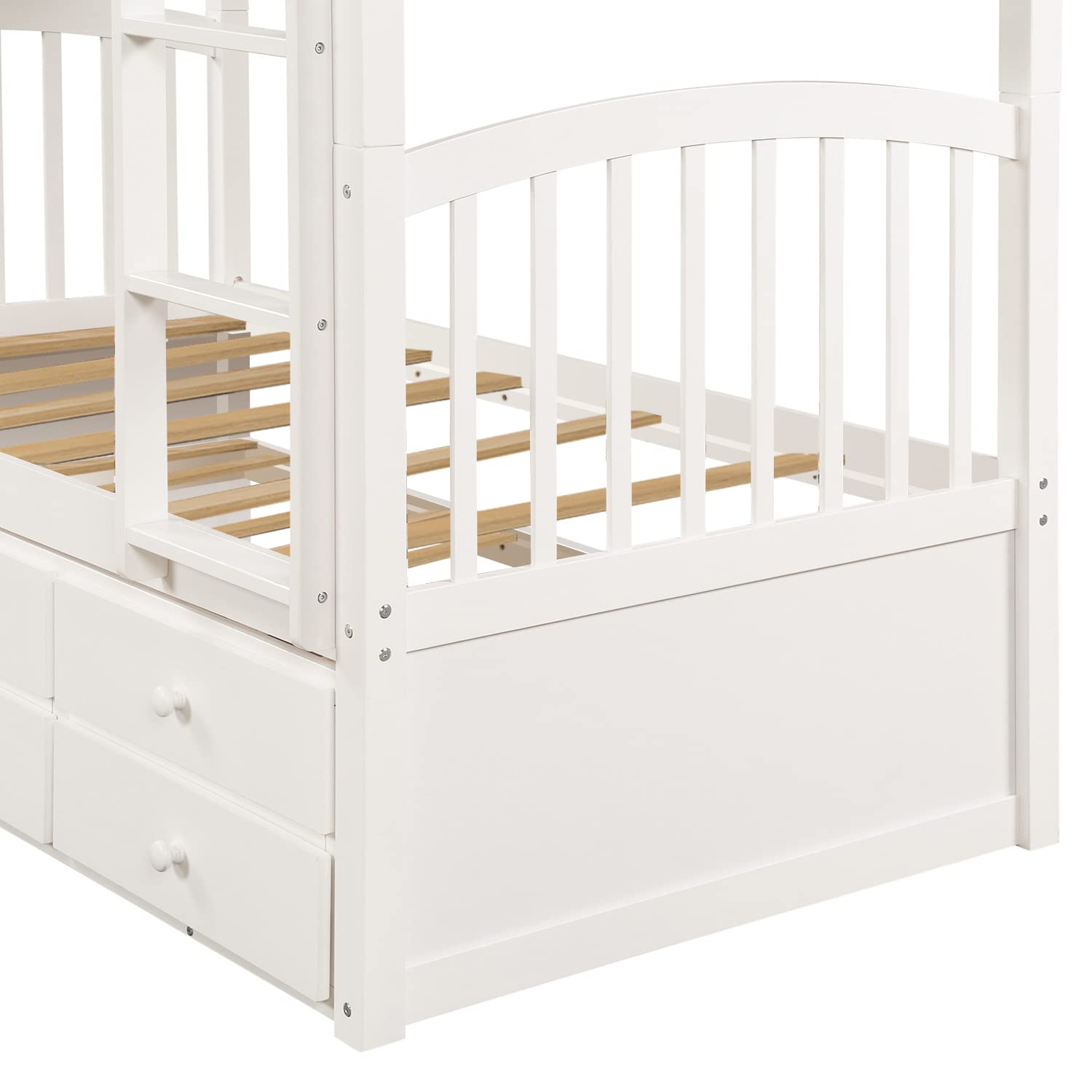 Twin Bunk Bed with Trundle & Storage - Convertible to 2 Beds - Kids Bedroom Furniture (White)