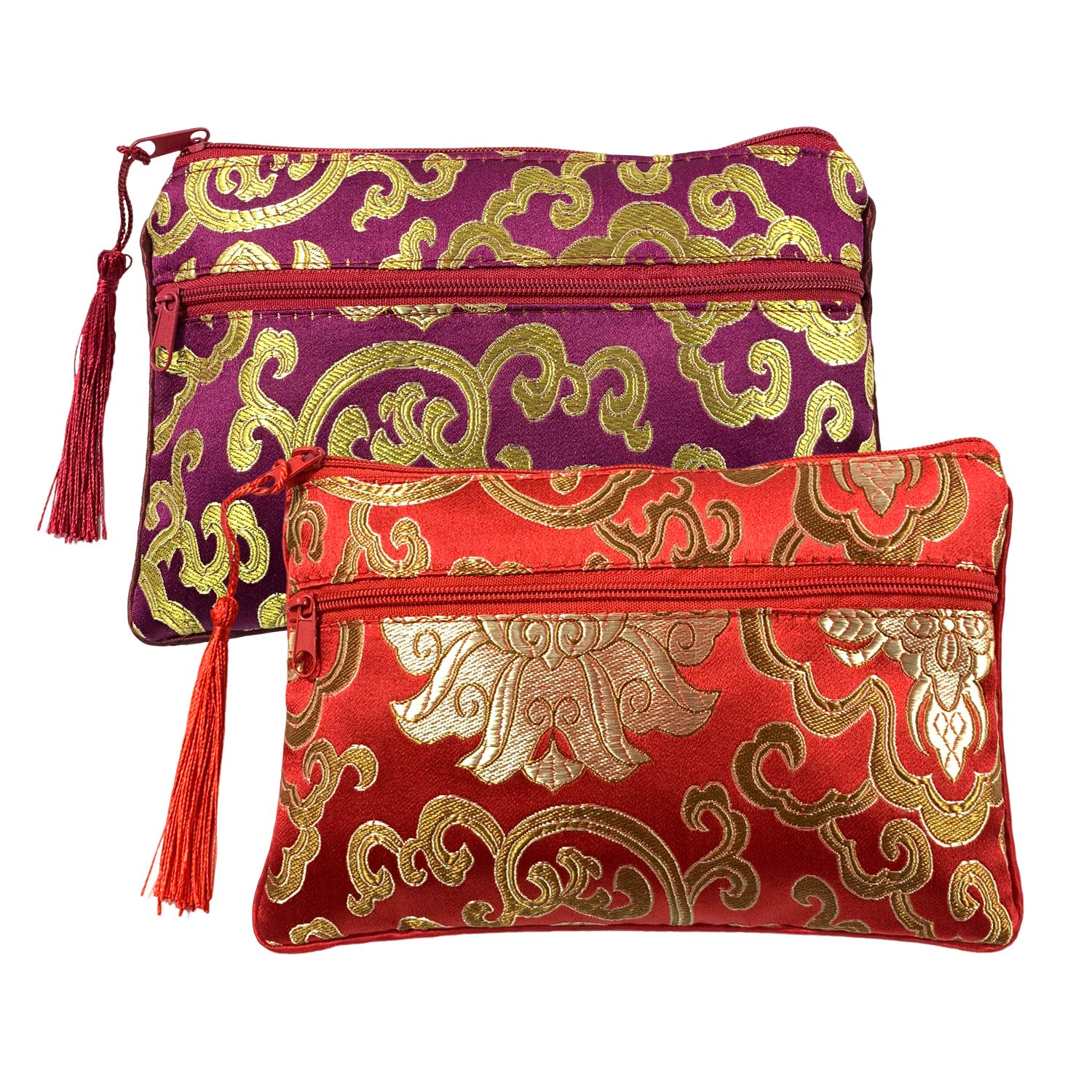 2PCS Silk Brocade Jewelry Pouch with Padded Tassel & Double Zipper - Coin Purse Gift Bags Set (Wine Red & Red) - Perfect for Organizing Rings, Necklaces & Small Valuables at Home or Travel
