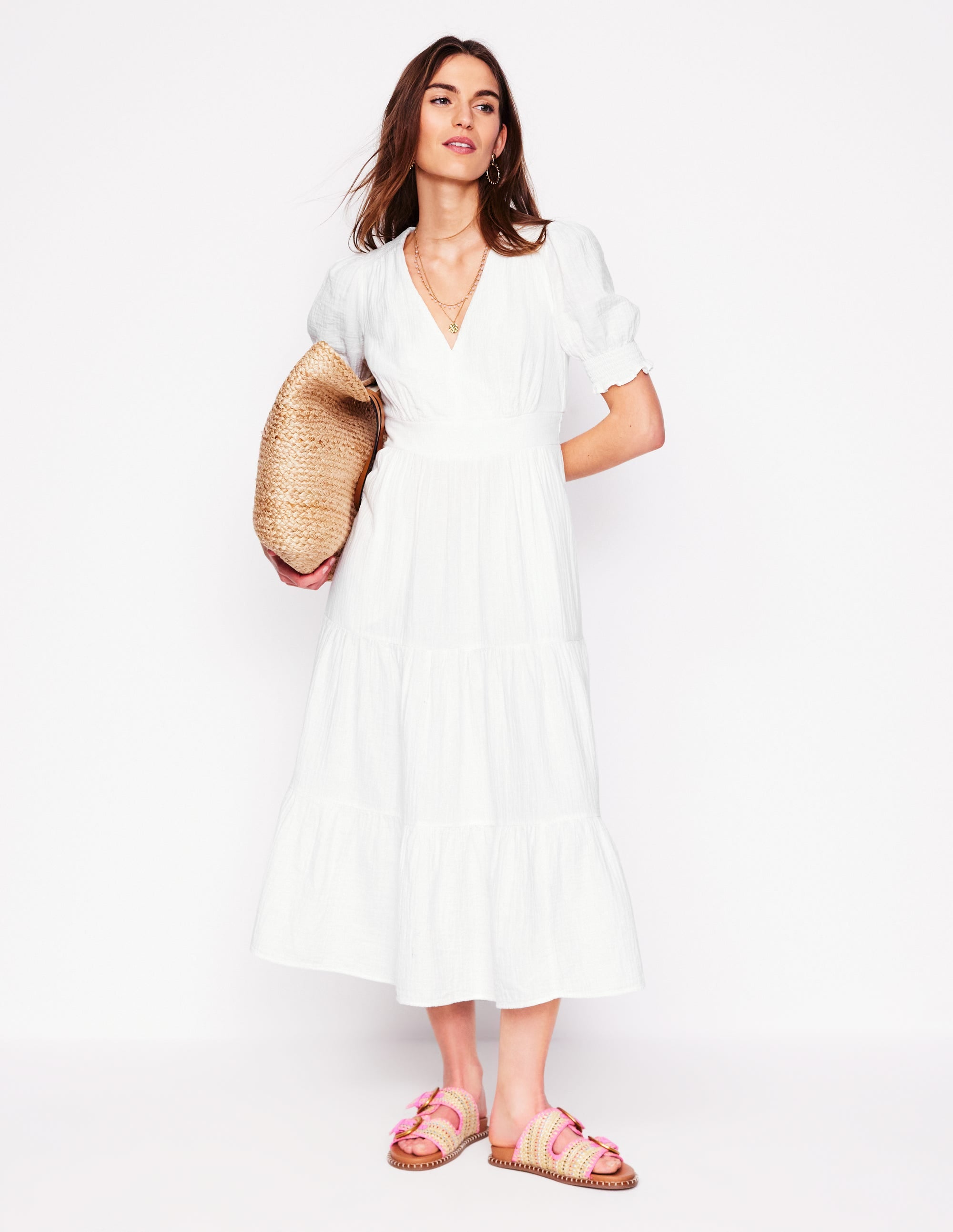 Anna Double Cloth Midi Dress - Women's Elegant White Summer Dress for Casual Wear, Office & Party Occasions