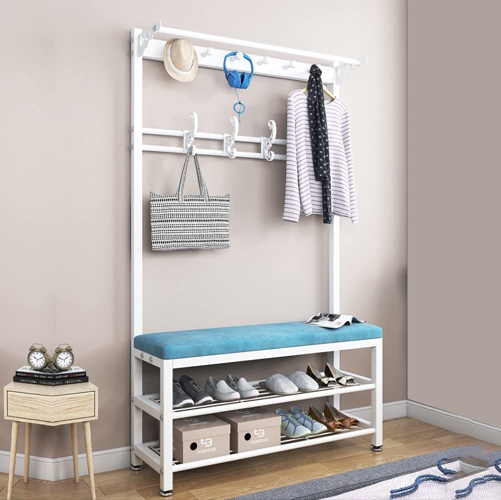 LLLD 3-in-1 Entryway Hall Tree with Shoe Rack, Coat Hooks & Umbrella Holder - 80CM Blue Carbon Steel Frame Bench with Top Shelf - Perfect for Small Spaces, Apartments & Mudroom Organization