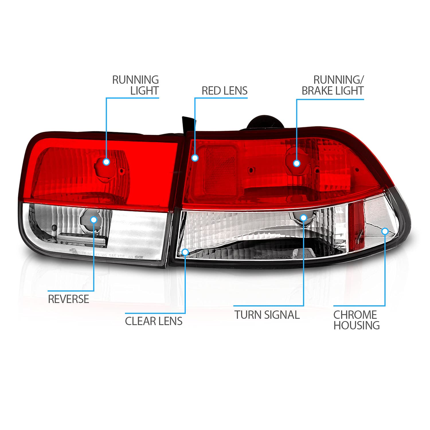 AmeriLite Clear Red LED Brake Tail Lights for 1996-2000 Honda Civic Coupe - 4-Piece Set (Driver & Passenger Side) | Enhanced Visibility & Style for Night Driving & Car Customization