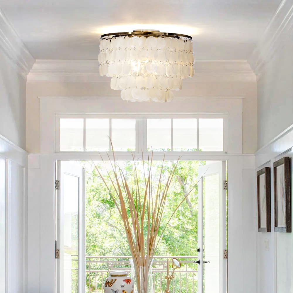 Coastal Natural Capiz Shell Tiered Flush Mount Ceiling Light - 18